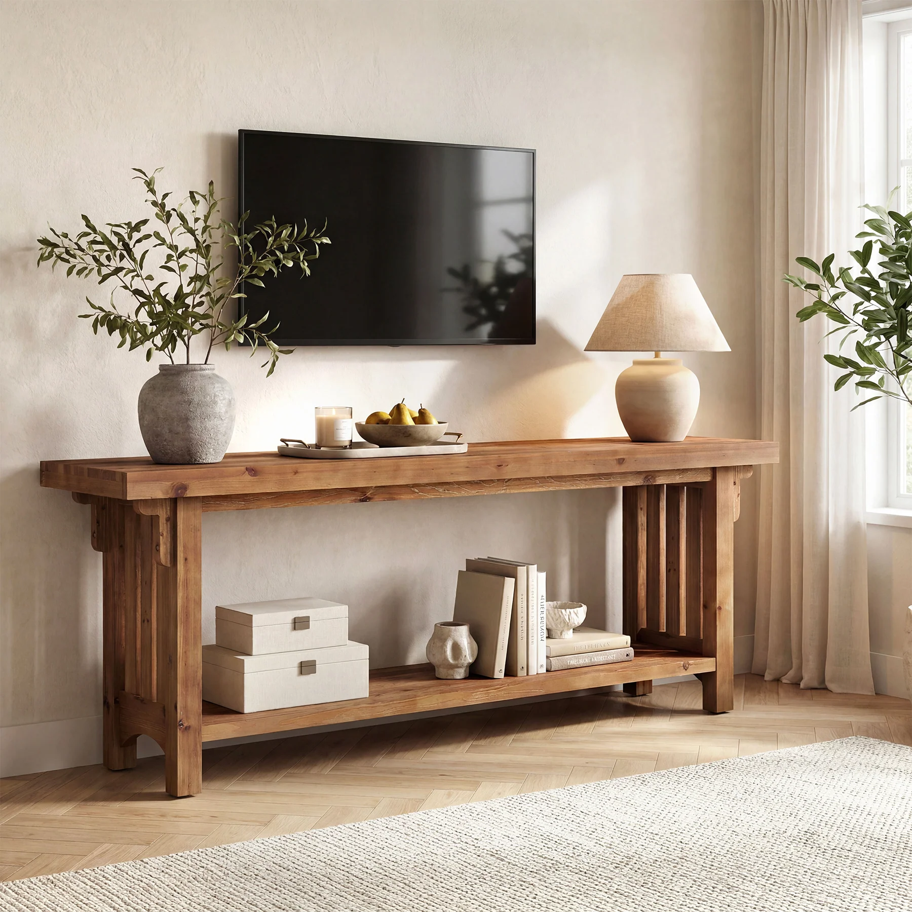 63" Solid Wood TV Stand, Farmhouse Entertainment Center with Storage Shelf for 75" TVs - Image 3