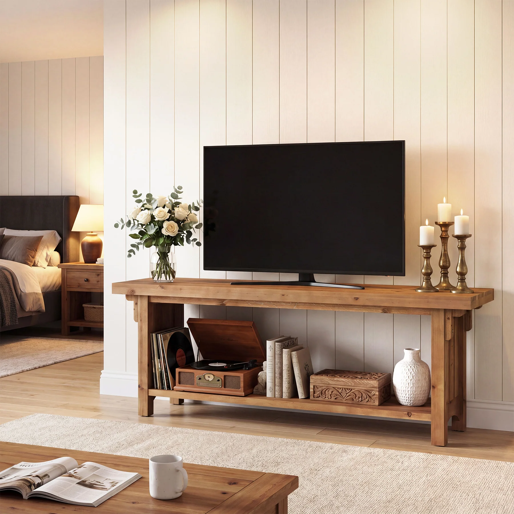 63" Solid Wood TV Stand, Farmhouse Entertainment Center with Storage Shelf for 75" TVs - Image 4