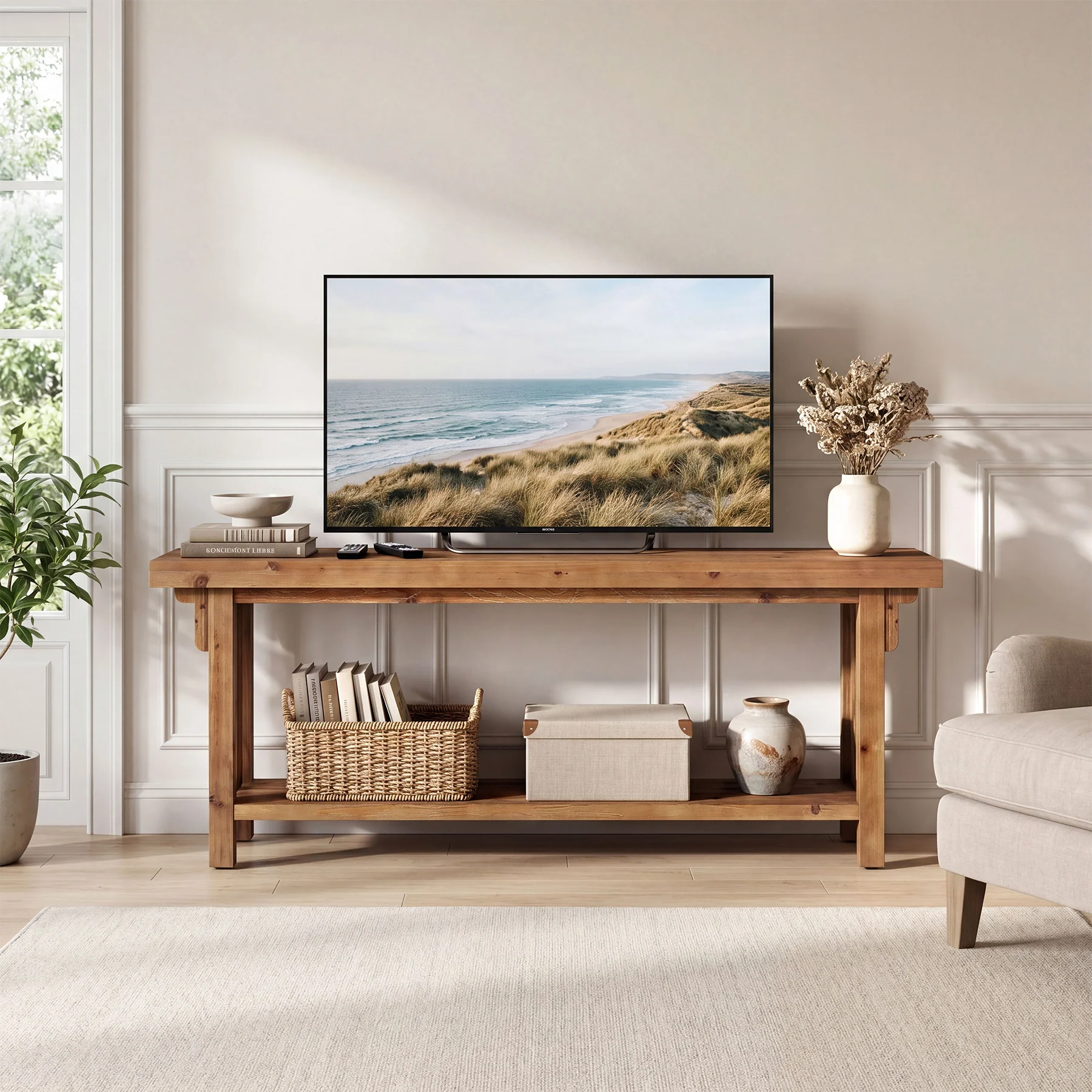 63" Solid Wood TV Stand, Farmhouse Entertainment Center with Storage Shelf for 75" TVs - Image 5