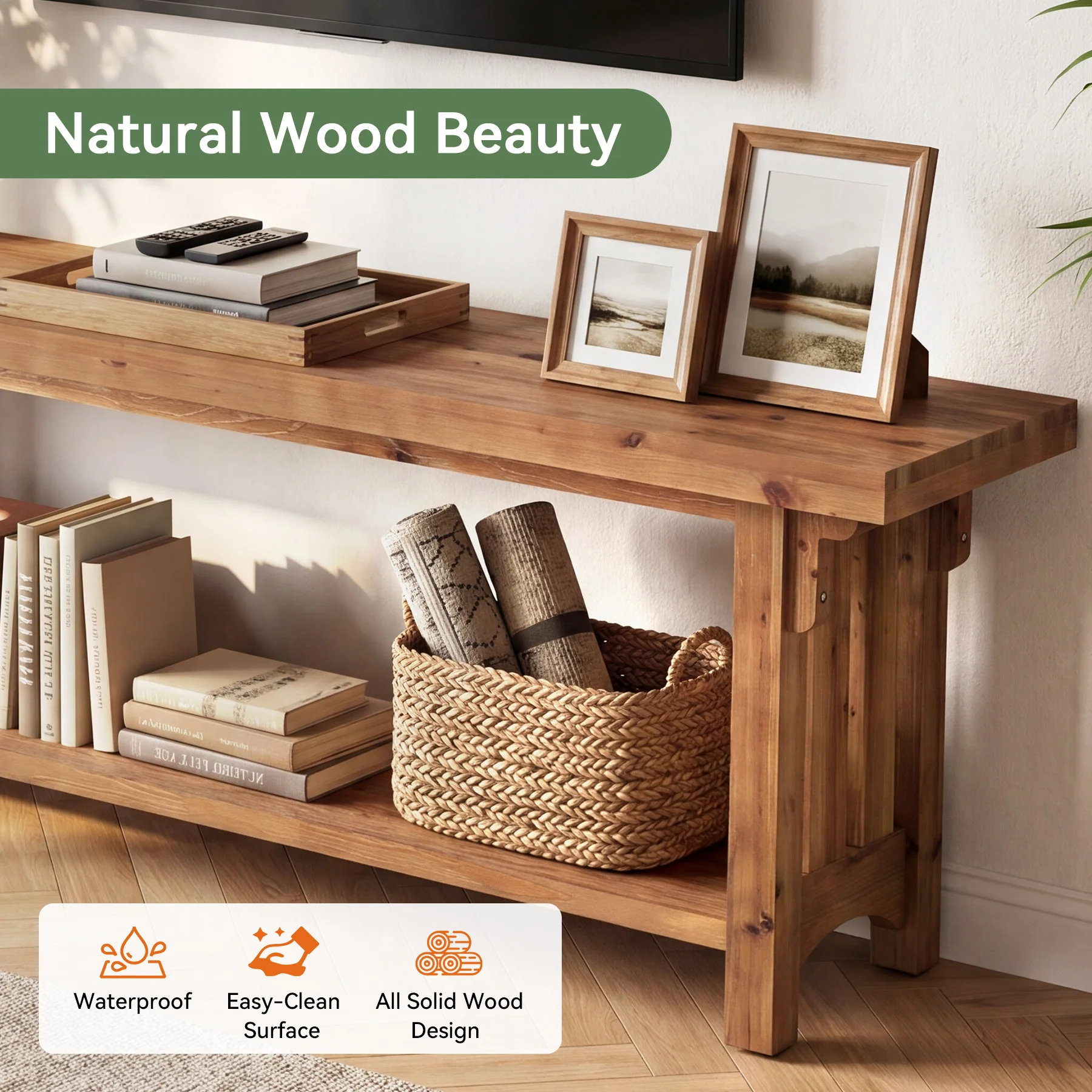 63" Solid Wood TV Stand, Farmhouse Entertainment Center with Storage Shelf for 75" TVs - Image 6