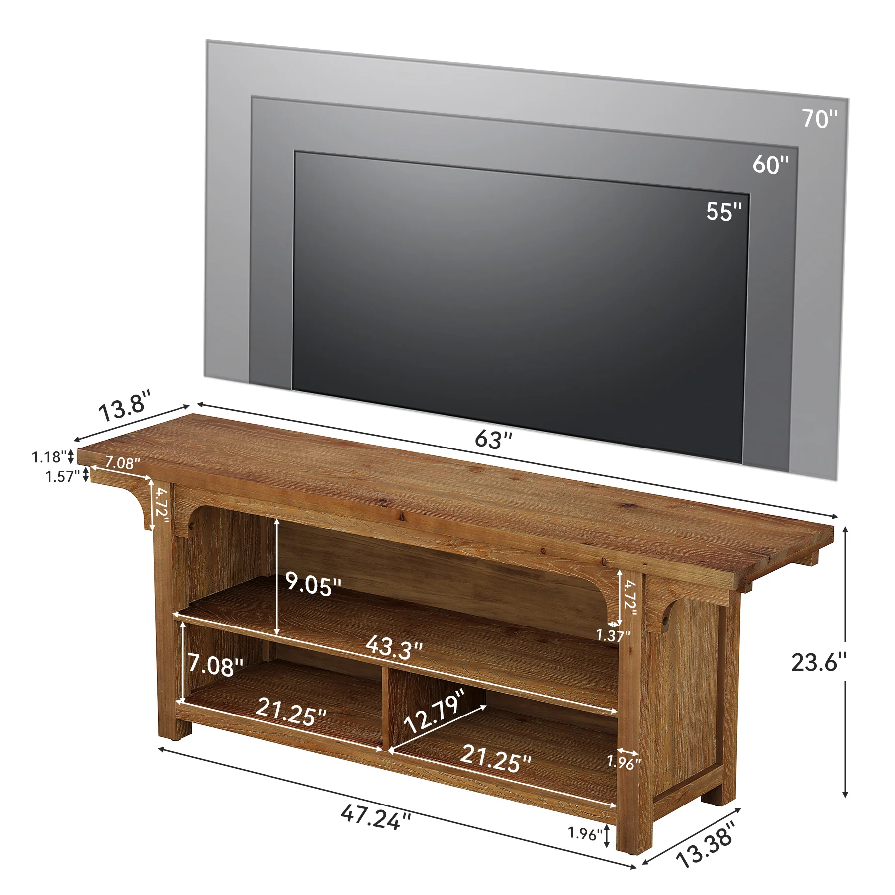 63" Solid Wood TV Stand for 55/65/70"TVs, Farmhouse Entertainment Center with 3 Storage - Image 2