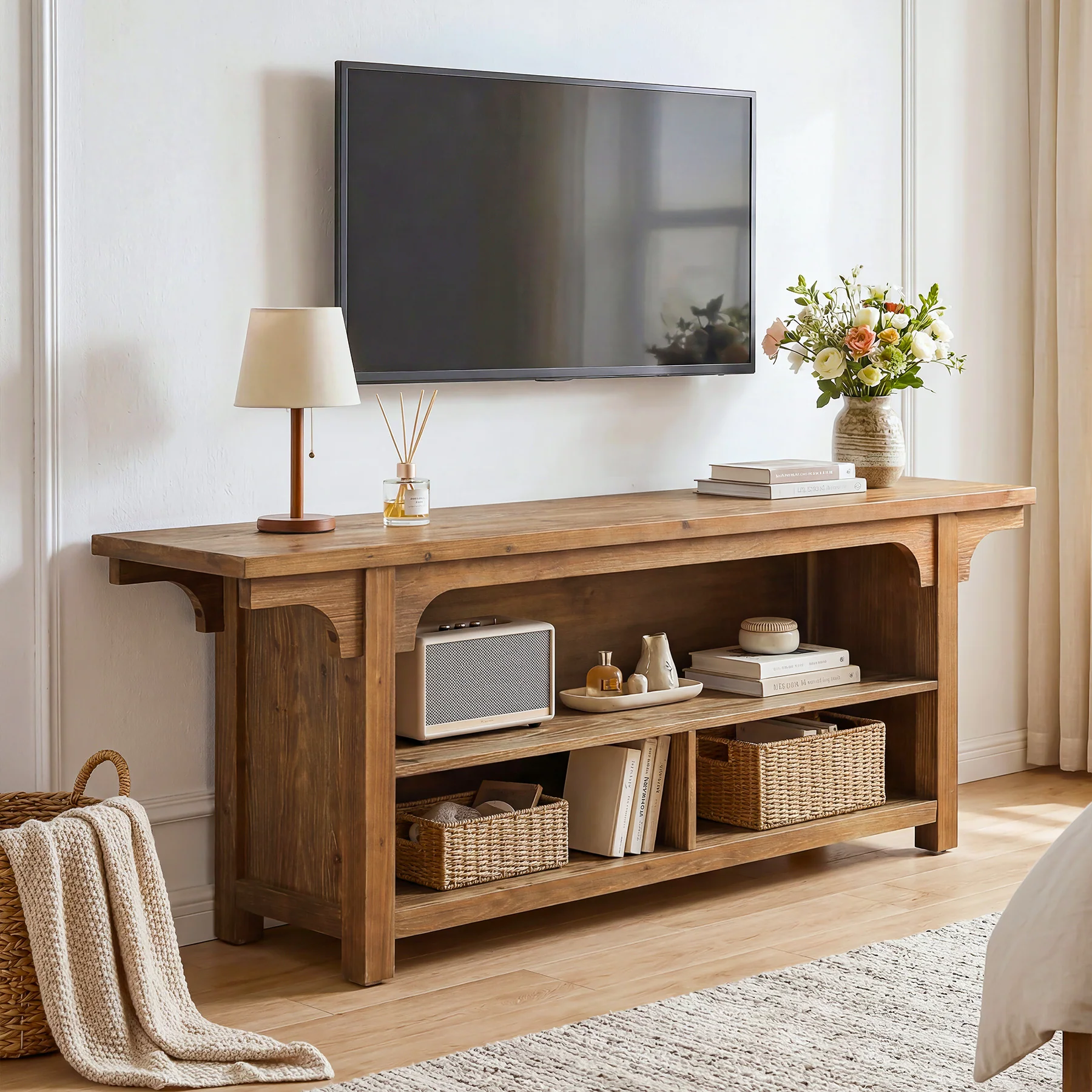 63" Solid Wood TV Stand for 55/65/70"TVs, Farmhouse Entertainment Center with 3 Storage - Image 3