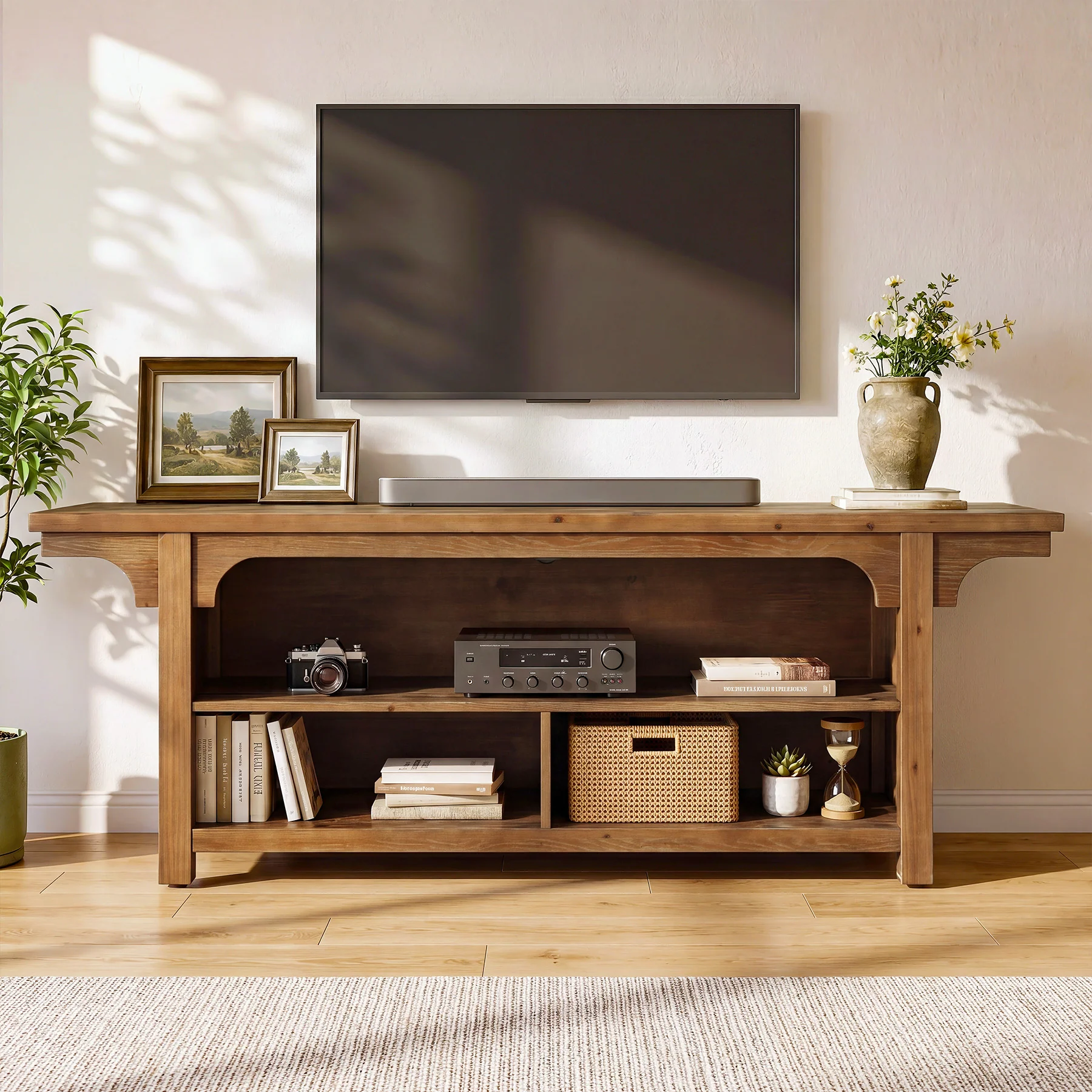 63" Solid Wood TV Stand for 55/65/70"TVs, Farmhouse Entertainment Center with 3 Storage - Image 4