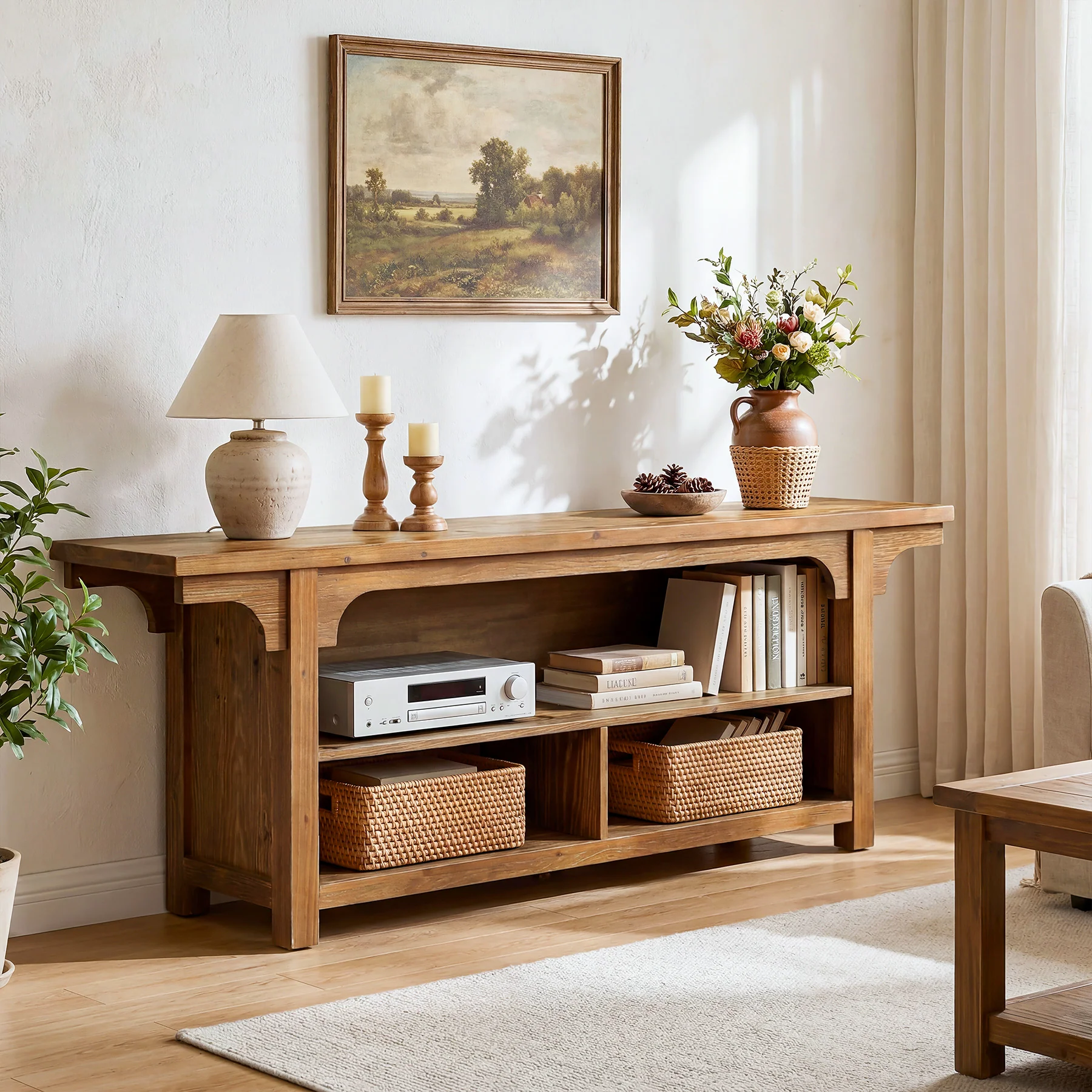 63" Solid Wood TV Stand for 55/65/70"TVs, Farmhouse Entertainment Center with 3 Storage - Image 5