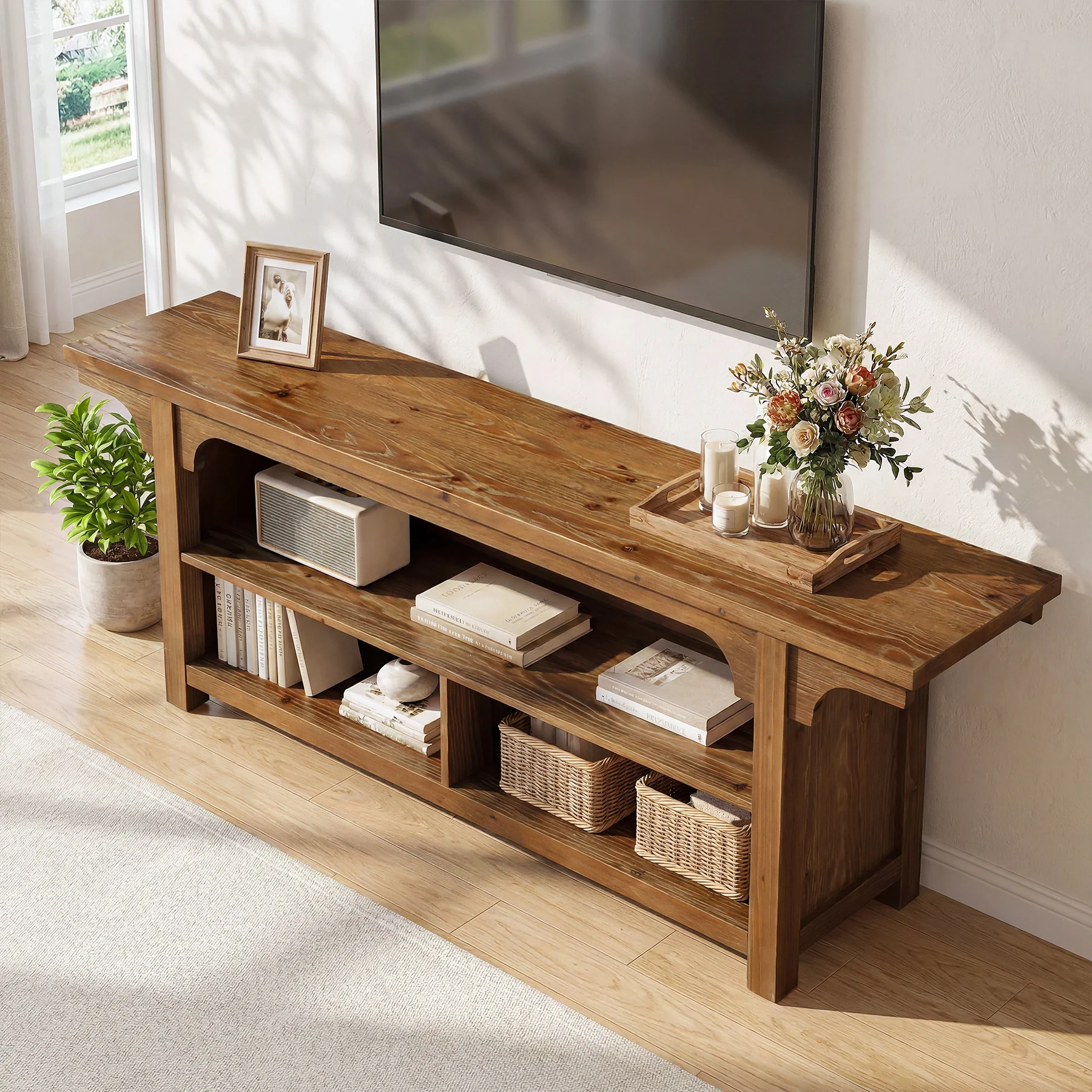63" Solid Wood TV Stand for 55/65/70"TVs, Farmhouse Entertainment Center with 3 Storage - Image 6