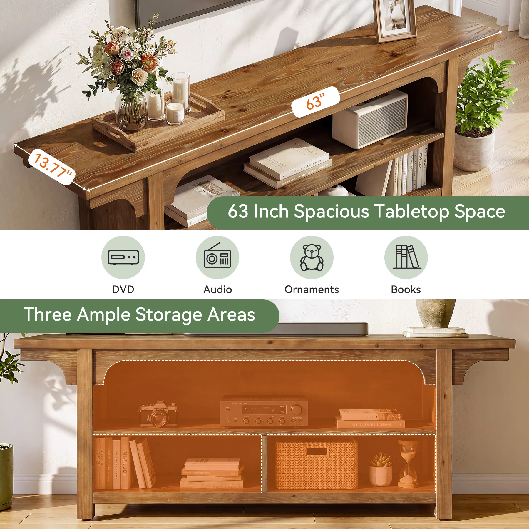 63" Solid Wood TV Stand for 55/65/70"TVs, Farmhouse Entertainment Center with 3 Storage - Image 7
