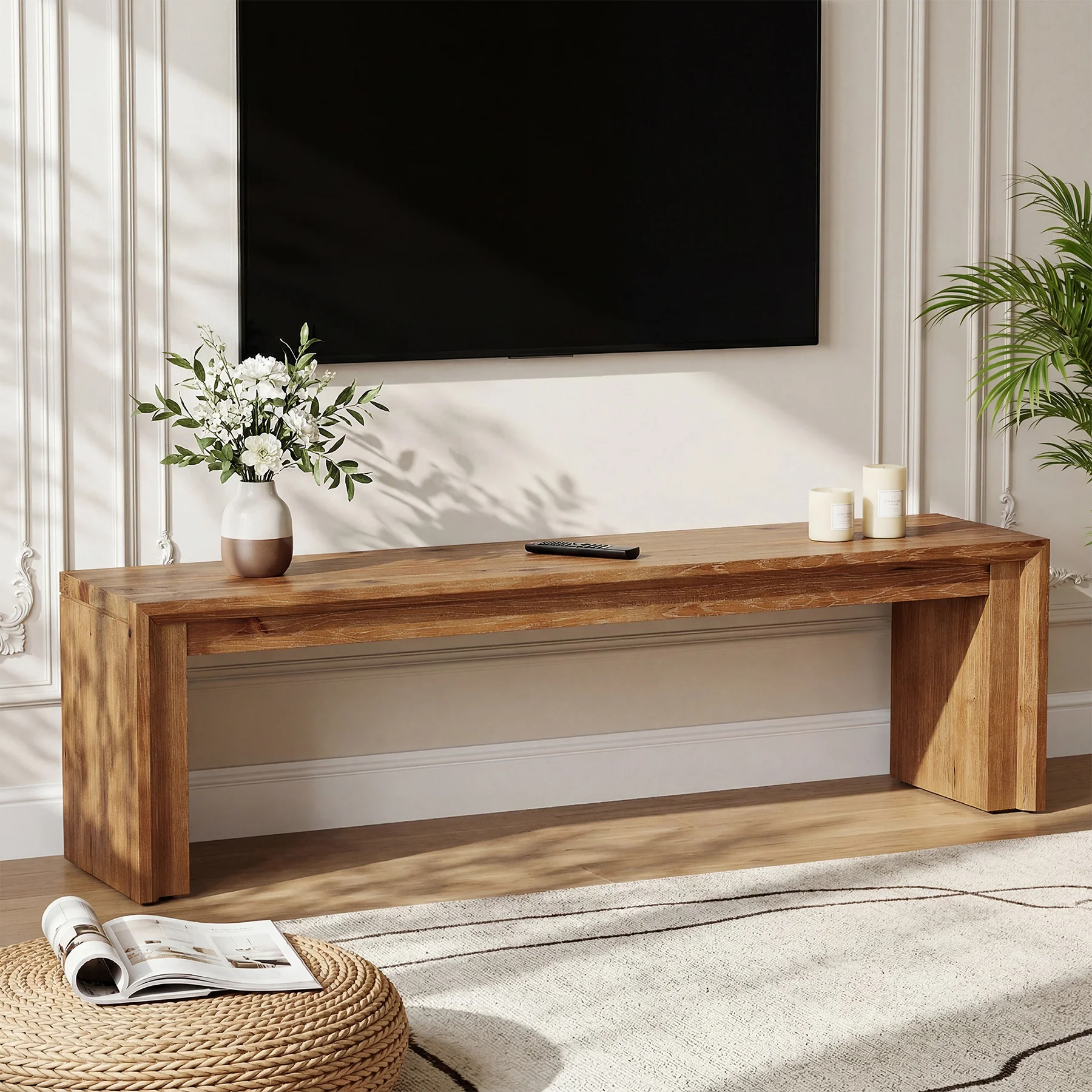 63" Solid Wood TV Stand for 65" TV, Farmhouse Entertainment Center Low Media Console