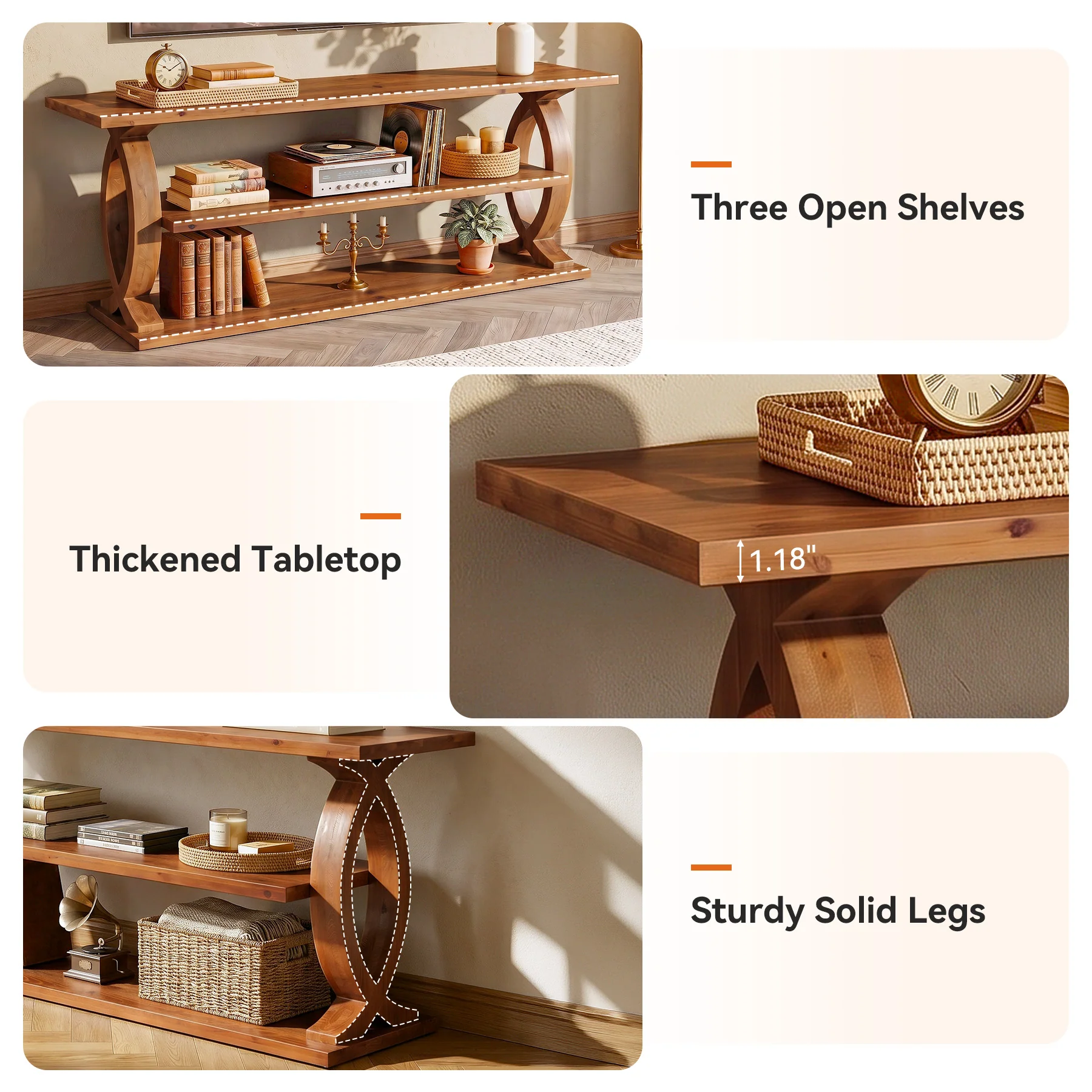 63" Solid Wood TV Stand for 75" TVs, 3-Tier TV Console with Open Storage Shelves - Image 7