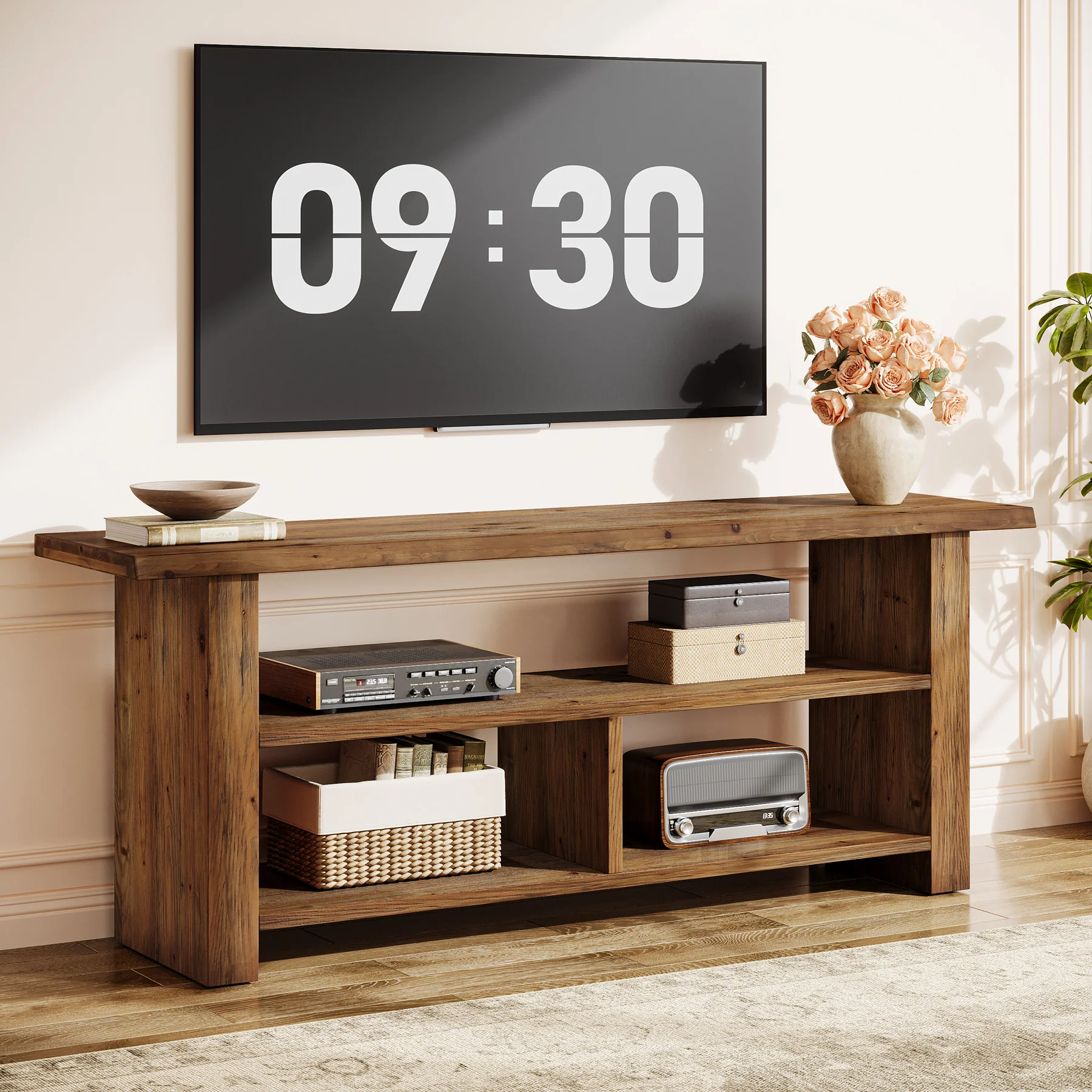 63" Solid Wood TV Stand for Up to 75 Inch TVs, Farmhouse Media Console with Open Storage Shelves