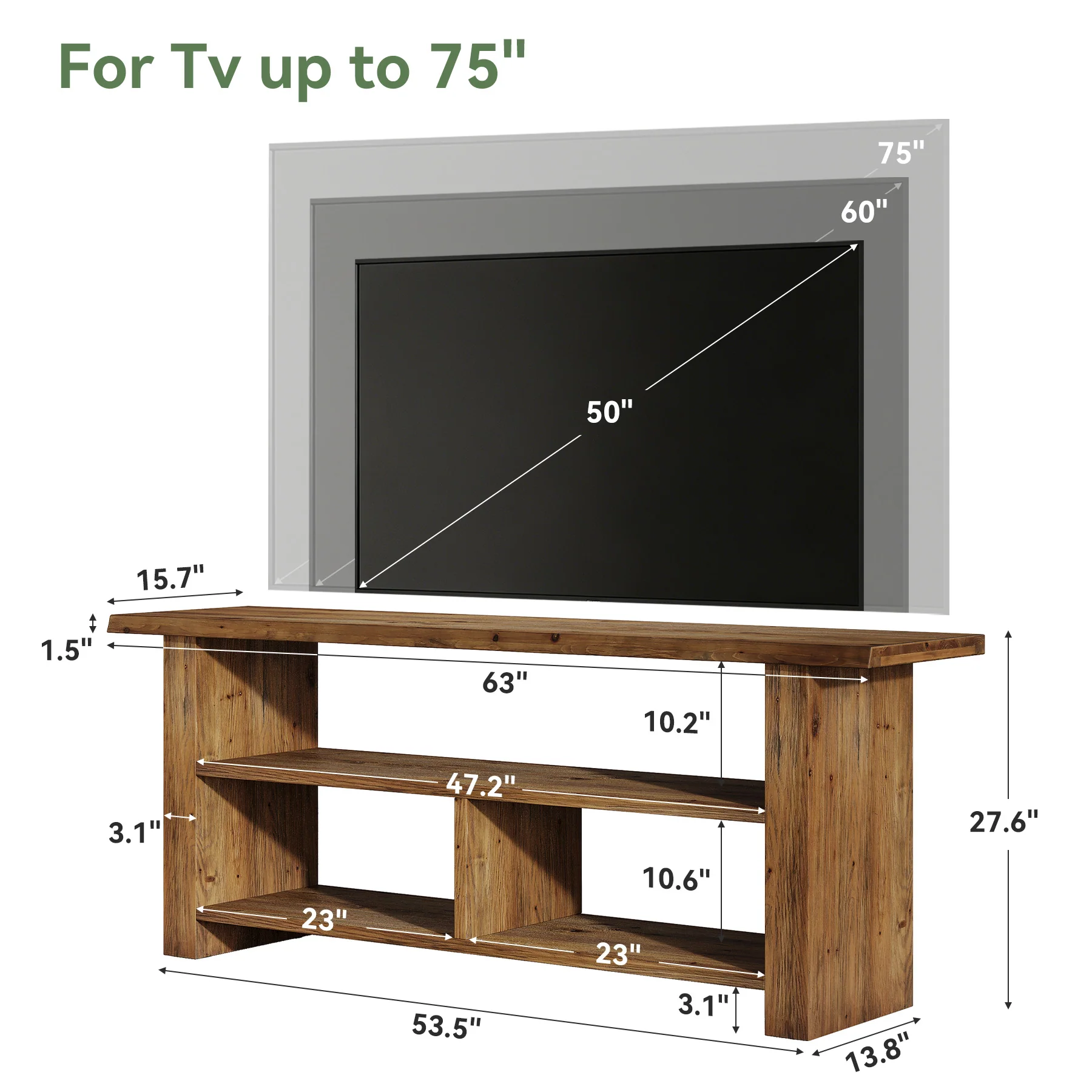 63" Solid Wood TV Stand for Up to 75 Inch TVs, Farmhouse Media Console with Open Storage Shelves - Image 2