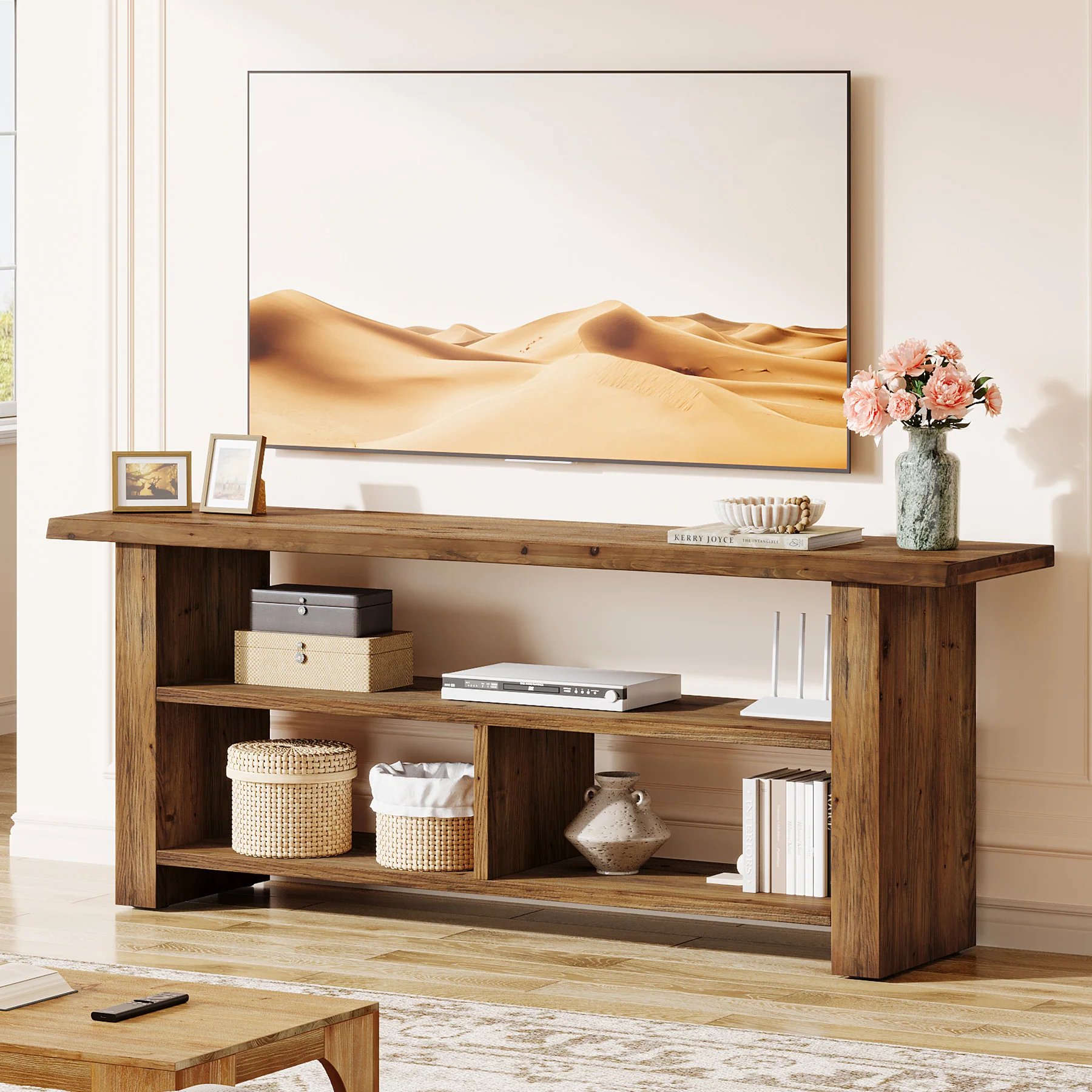 63" Solid Wood TV Stand for Up to 75 Inch TVs, Farmhouse Media Console with Open Storage Shelves - Image 3