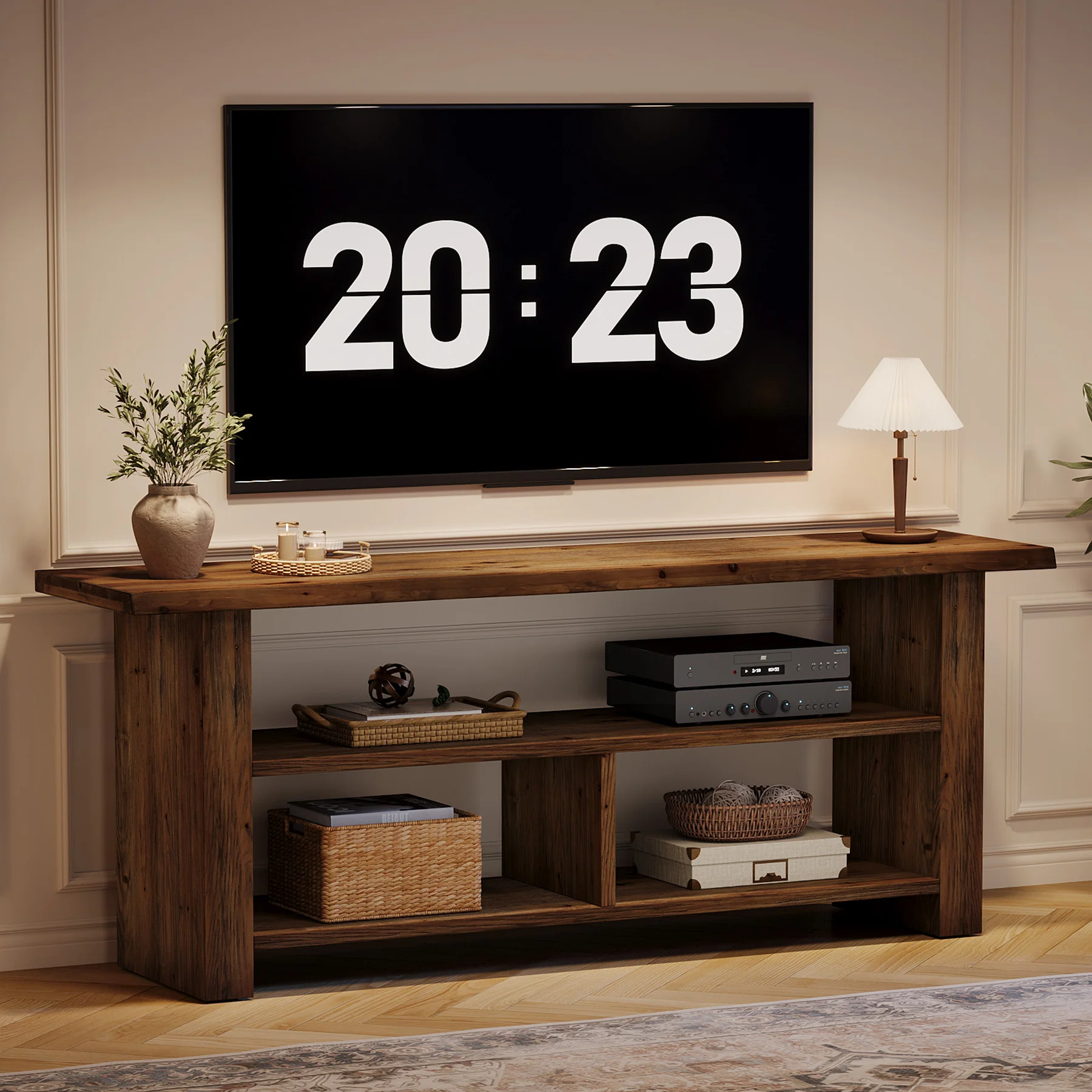 63" Solid Wood TV Stand for Up to 75 Inch TVs, Farmhouse Media Console with Open Storage Shelves - Image 4