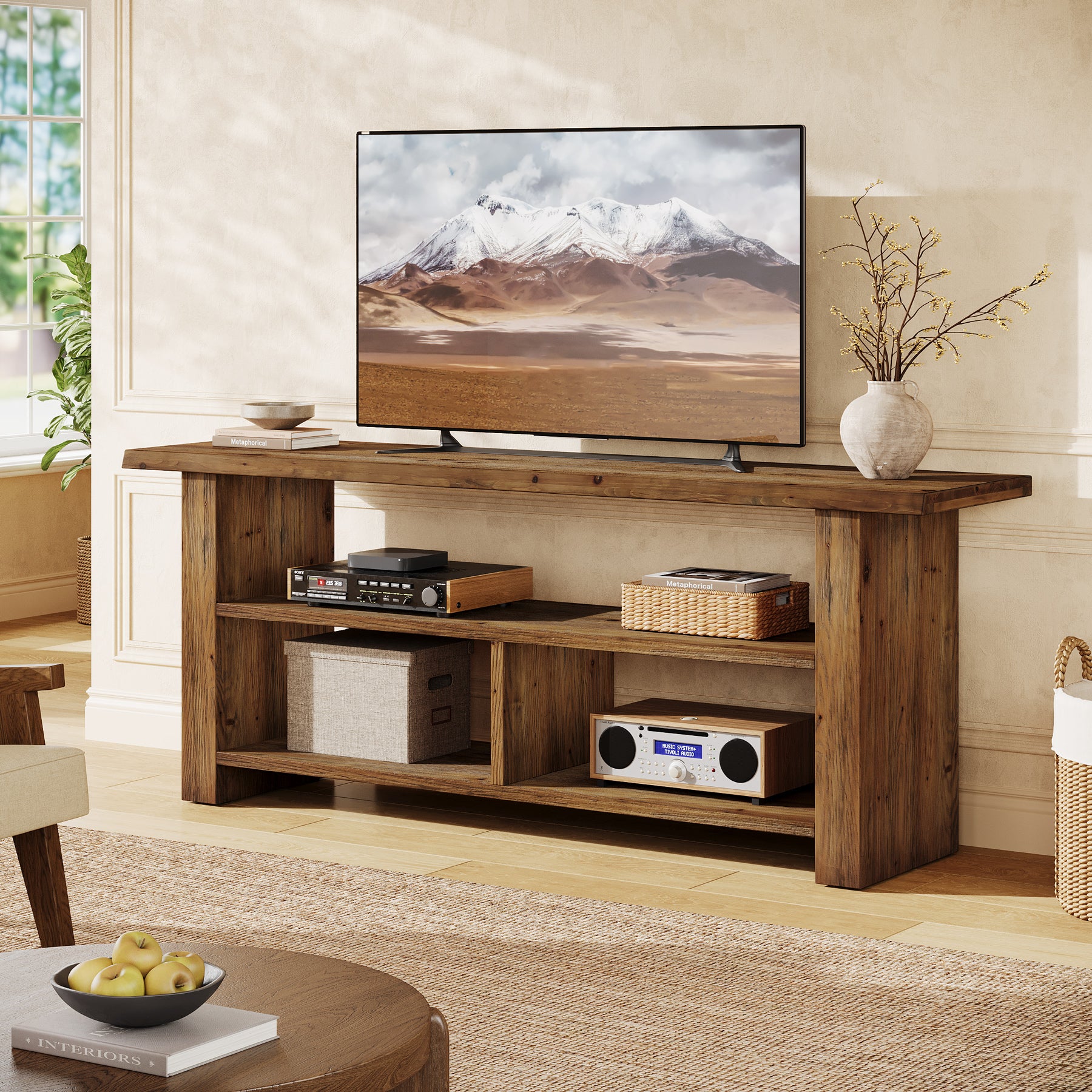 63" Solid Wood TV Stand for Up to 75 Inch TVs, Farmhouse Media Console with Open Storage Shelves - Image 5