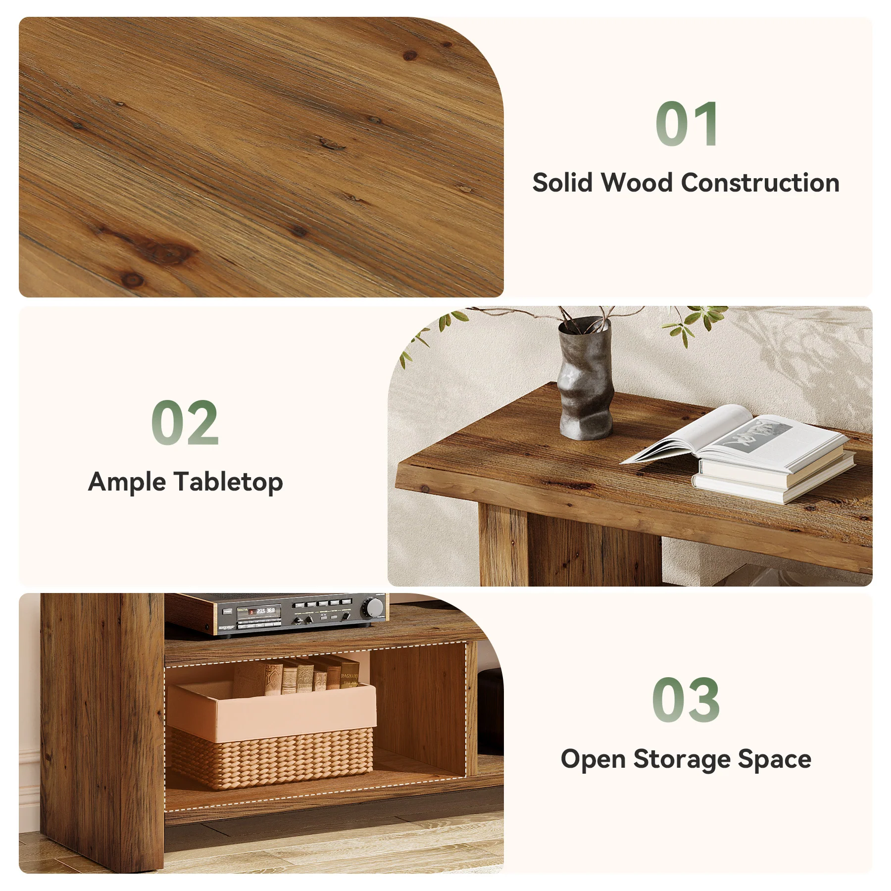 63" Solid Wood TV Stand for Up to 75 Inch TVs, Farmhouse Media Console with Open Storage Shelves - Image 7