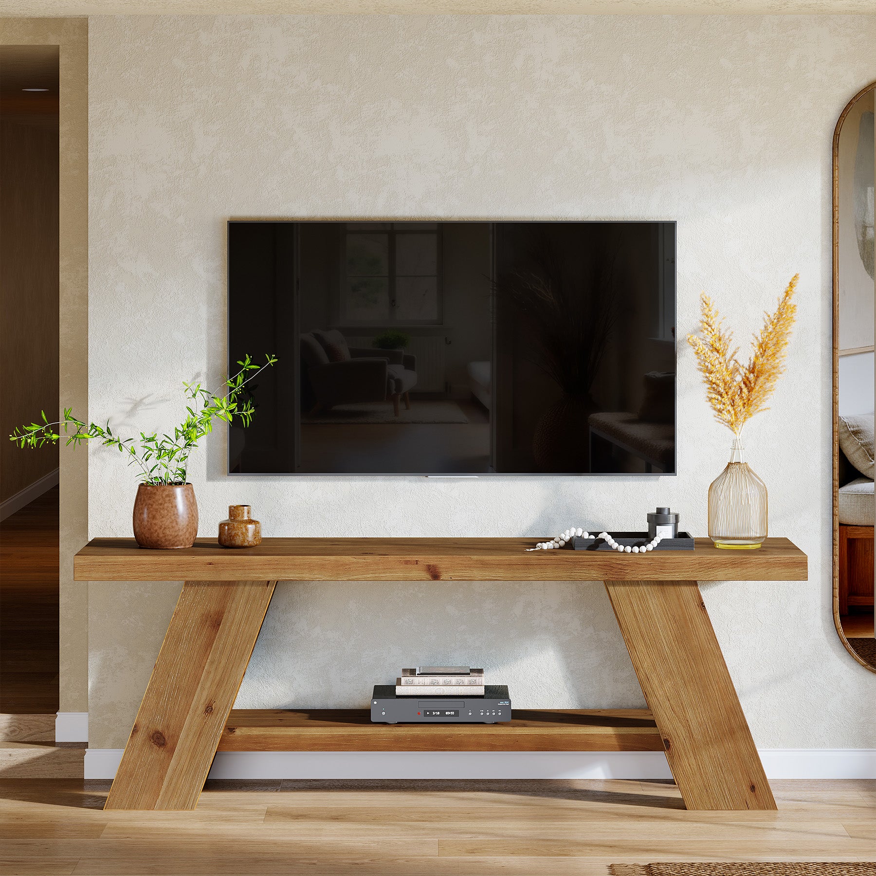 Solid Wood TV Stand with 2-Tier Shelf, 63" TV Media Console for TVs up to 75" - Image 4
