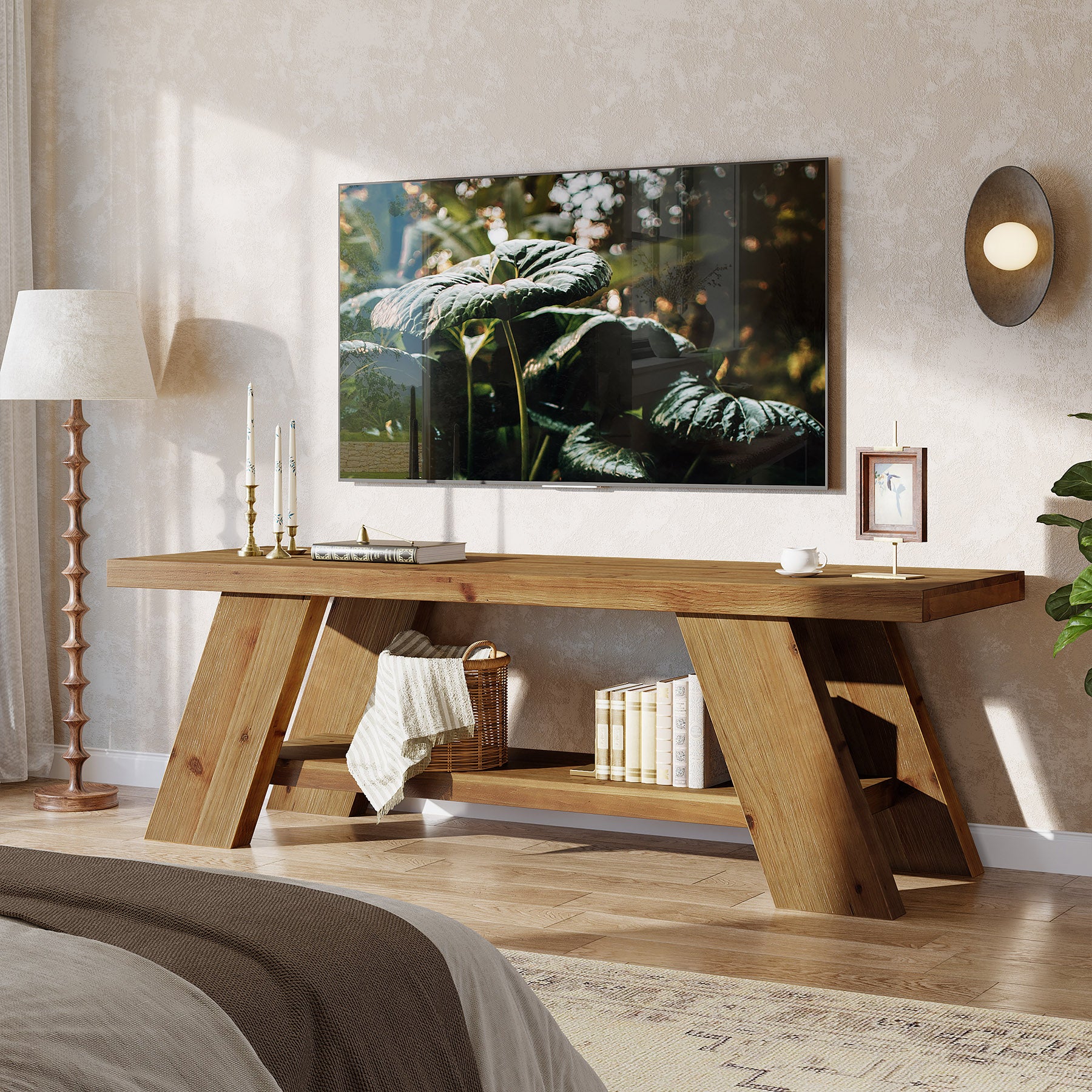 Solid Wood TV Stand with 2-Tier Shelf, 63" TV Media Console for TVs up to 75" - Image 5