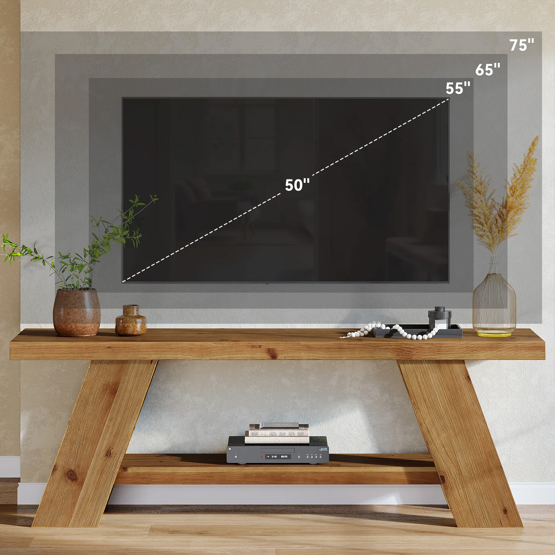 Solid Wood TV Stand with 2-Tier Shelf, 63" TV Media Console for TVs up to 75" - Image 9
