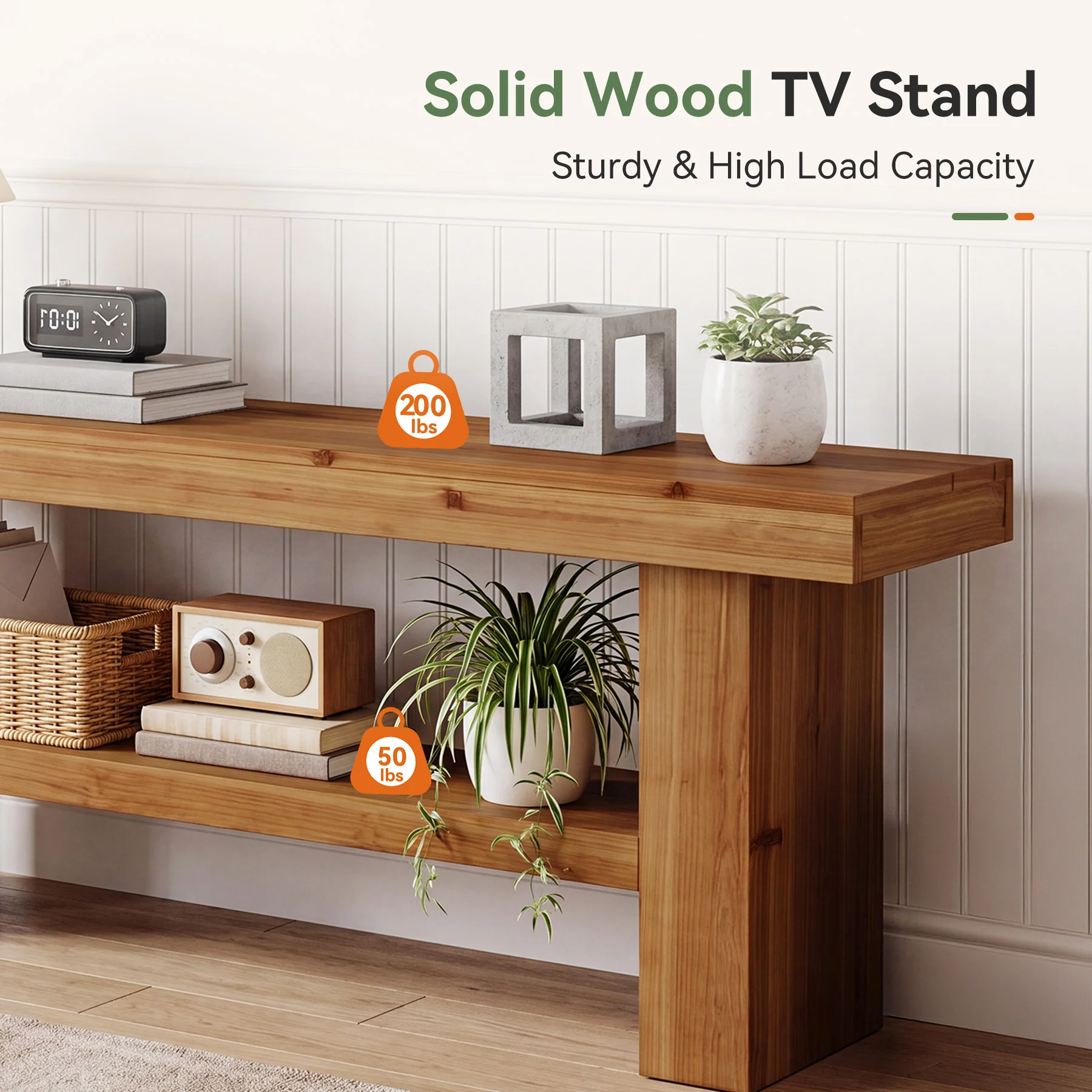 63" Solid Wood TV Stand for TVs up to 75", Entertainment Center with 2-Tier Shelves for Living Room - Image 7