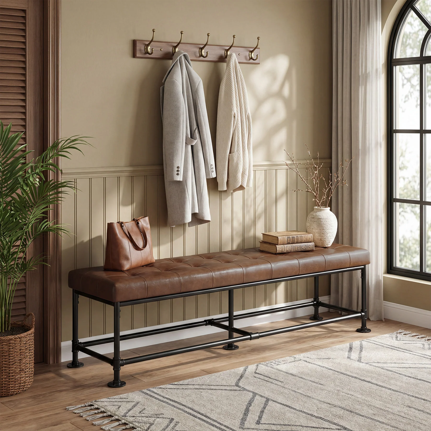 63" Upholstered Entryway Bench with Faux Leather Cushion, Industrial Shoe Bench for Hallway, Foyer & Living Room - Image 3