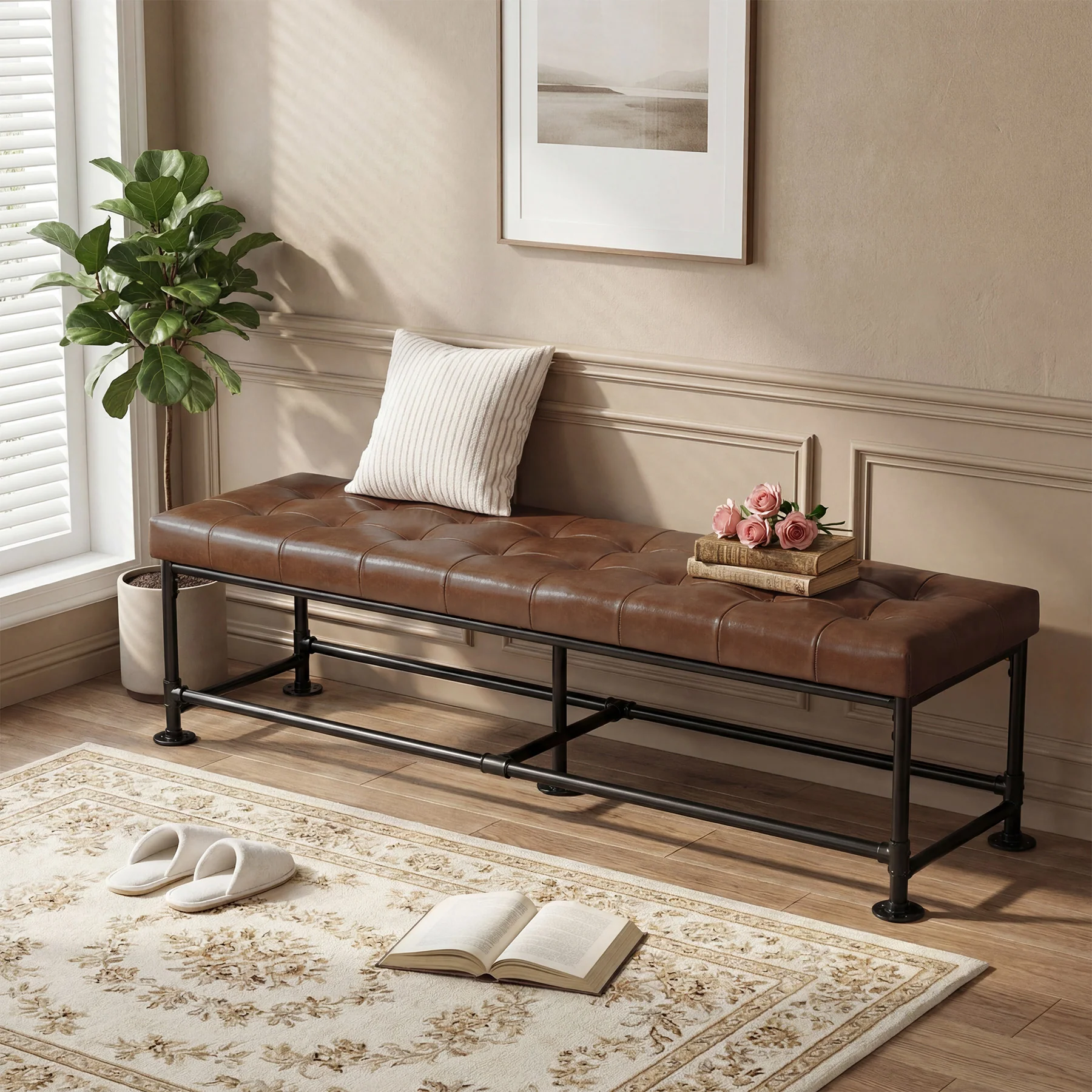 63" Upholstered Entryway Bench with Faux Leather Cushion, Industrial Shoe Bench for Hallway, Foyer & Living Room - Image 4