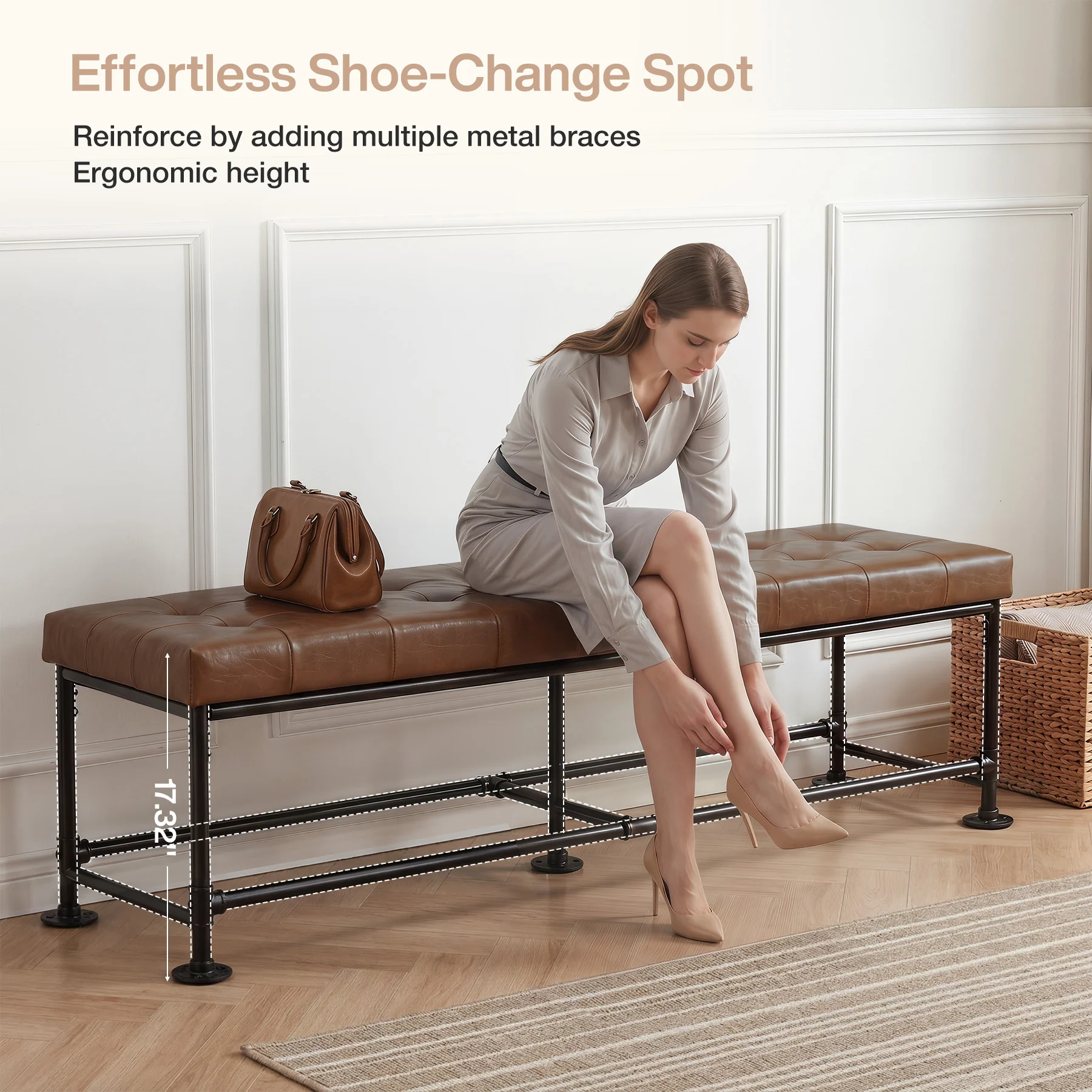63" Upholstered Entryway Bench with Faux Leather Cushion, Industrial Shoe Bench for Hallway, Foyer & Living Room - Image 5