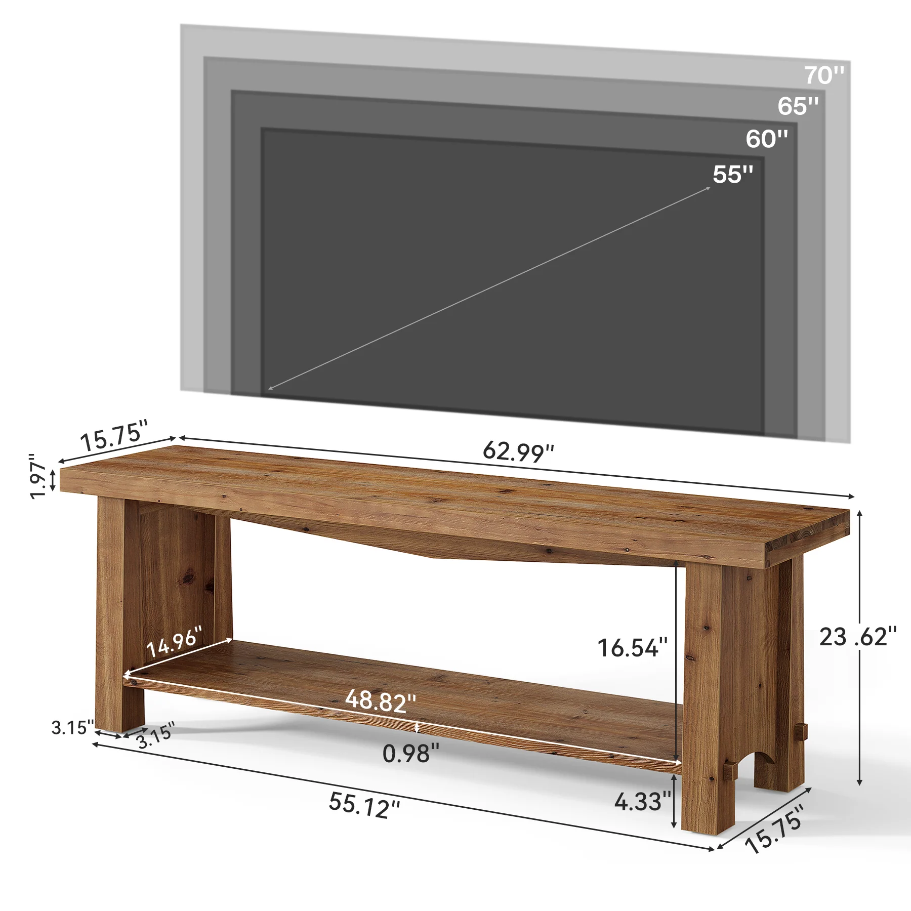 63" Solid Wood TV Stand, Farmhouse Entertainment Center for 55/65/75-Inch TV with Storage Shelves - Image 2