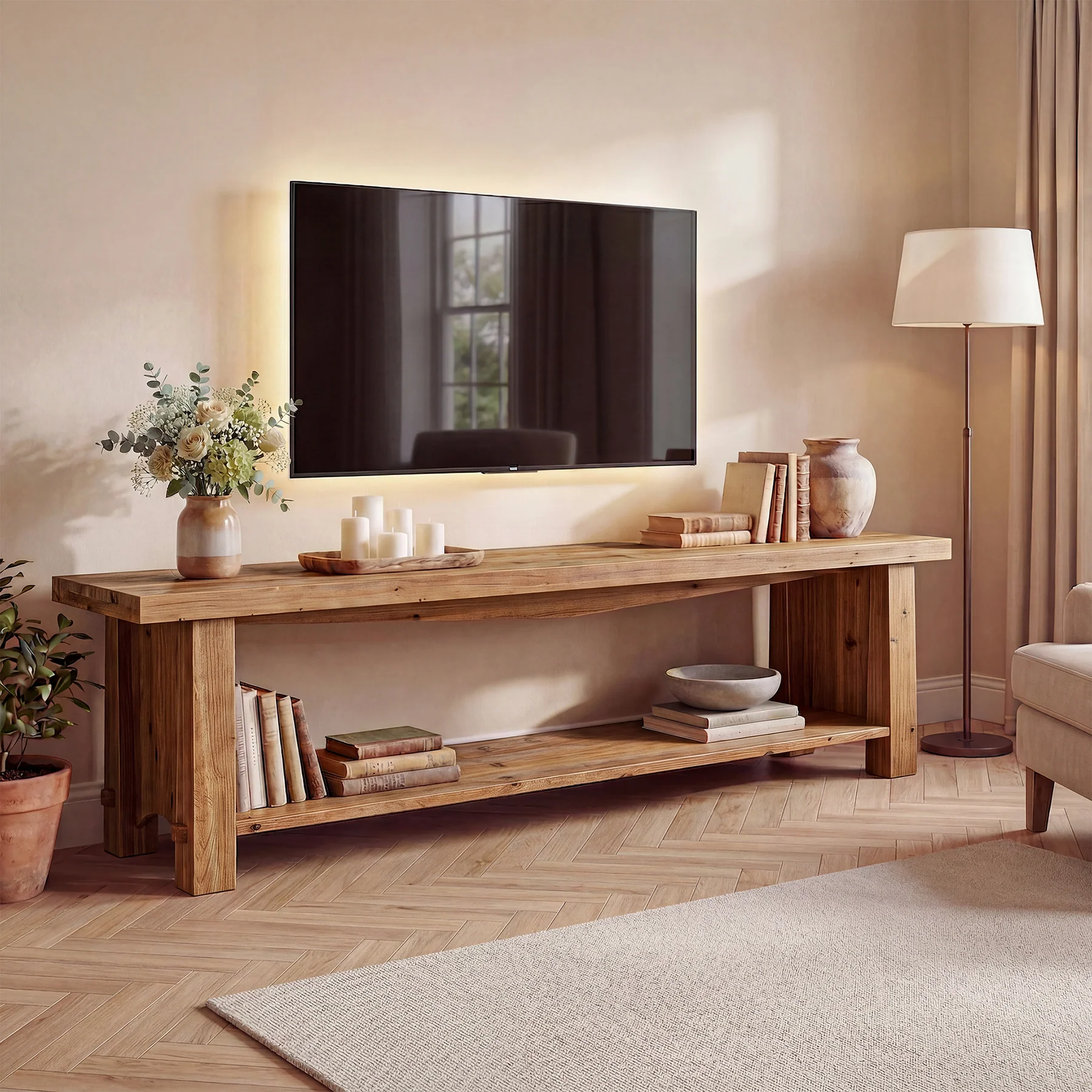 63" Solid Wood TV Stand, Farmhouse Entertainment Center for 55/65/75-Inch TV with Storage Shelves - Image 3