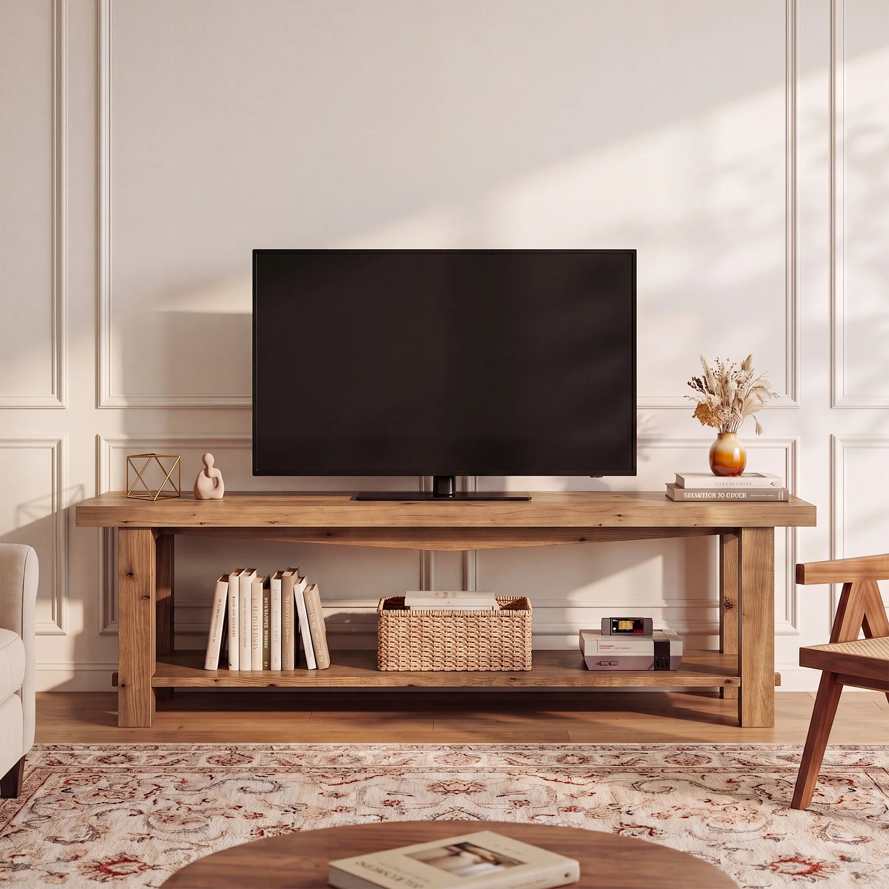 63" Solid Wood TV Stand, Farmhouse Entertainment Center for 55/65/75-Inch TV with Storage Shelves - Image 5