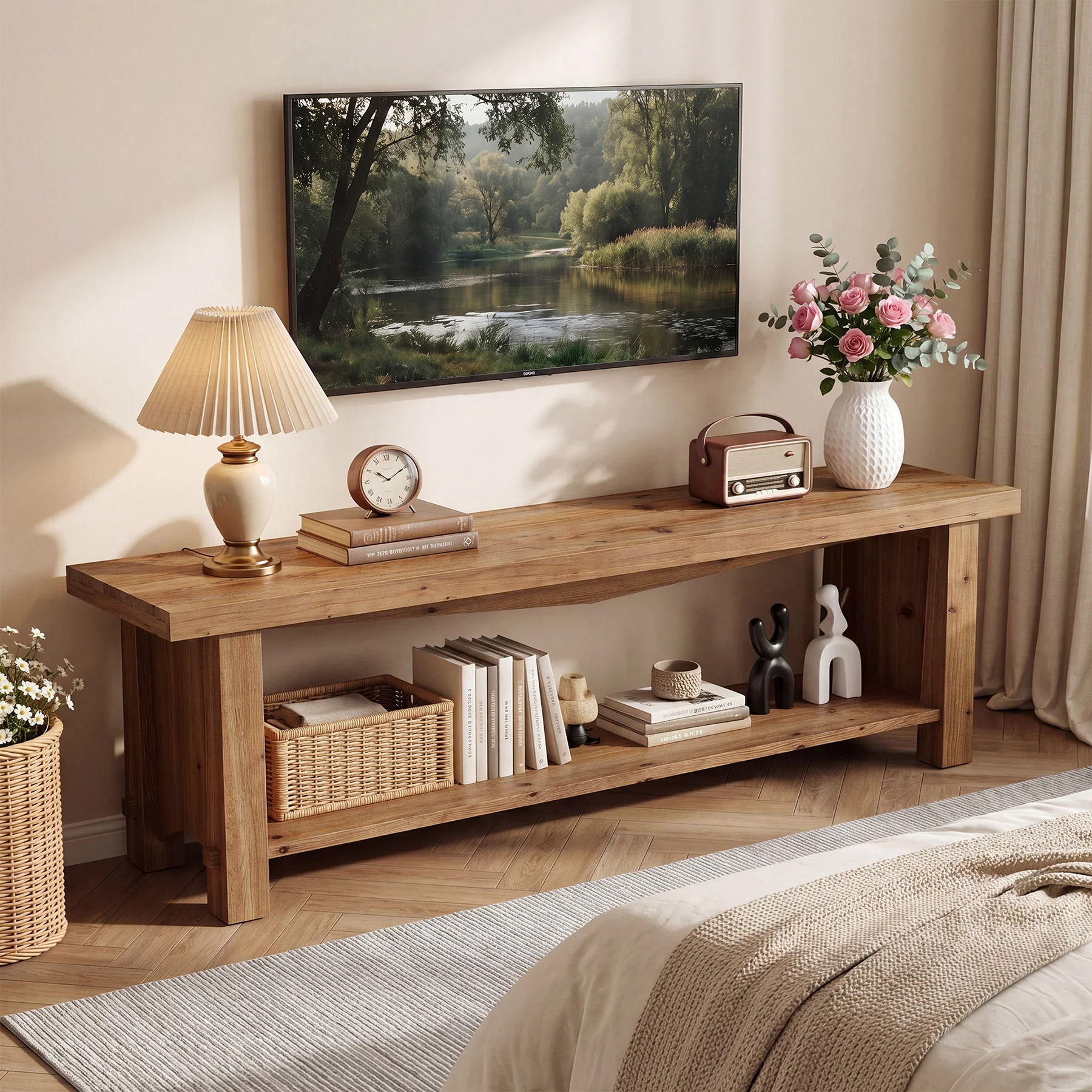 63" Solid Wood TV Stand, Farmhouse Entertainment Center for 55/65/75-Inch TV with Storage Shelves - Image 6