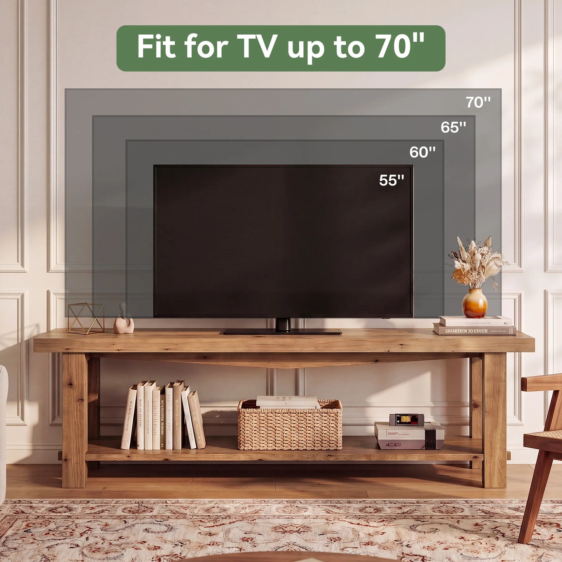 63" Solid Wood TV Stand, Farmhouse Entertainment Center for 55/65/75-Inch TV with Storage Shelves - Image 7