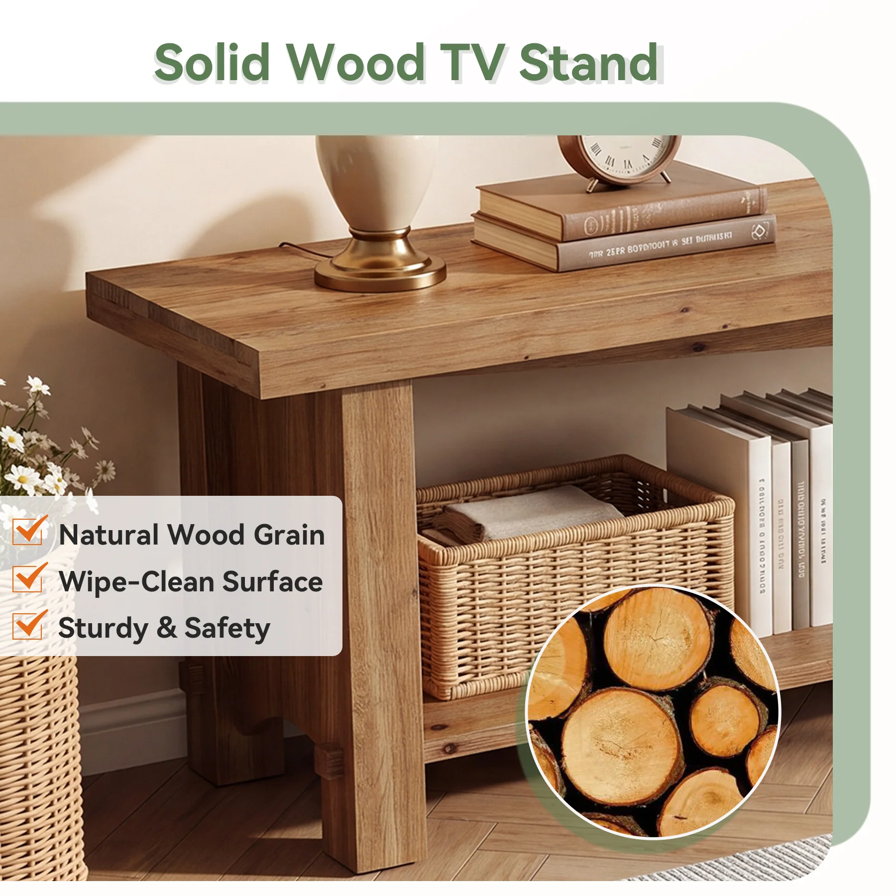 63" Solid Wood TV Stand, Farmhouse Entertainment Center for 55/65/75-Inch TV with Storage Shelves - Image 8