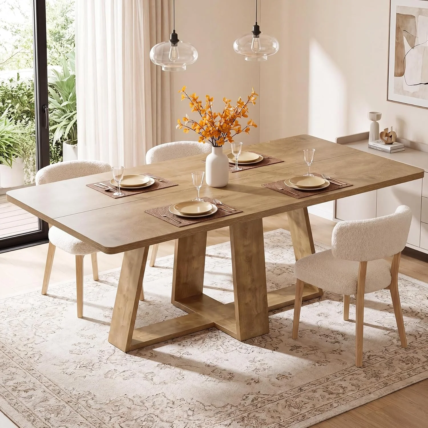 63" Dining Table, Farmhouse Kitchen Table with Wooden Pedestal for Kitchen - Image 3