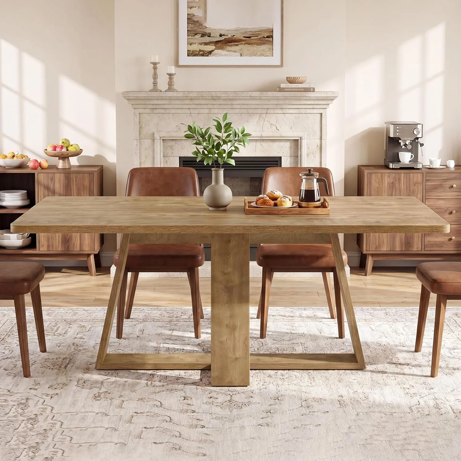 63" Dining Table, Farmhouse Kitchen Table with Wooden Pedestal for Kitchen - Image 5