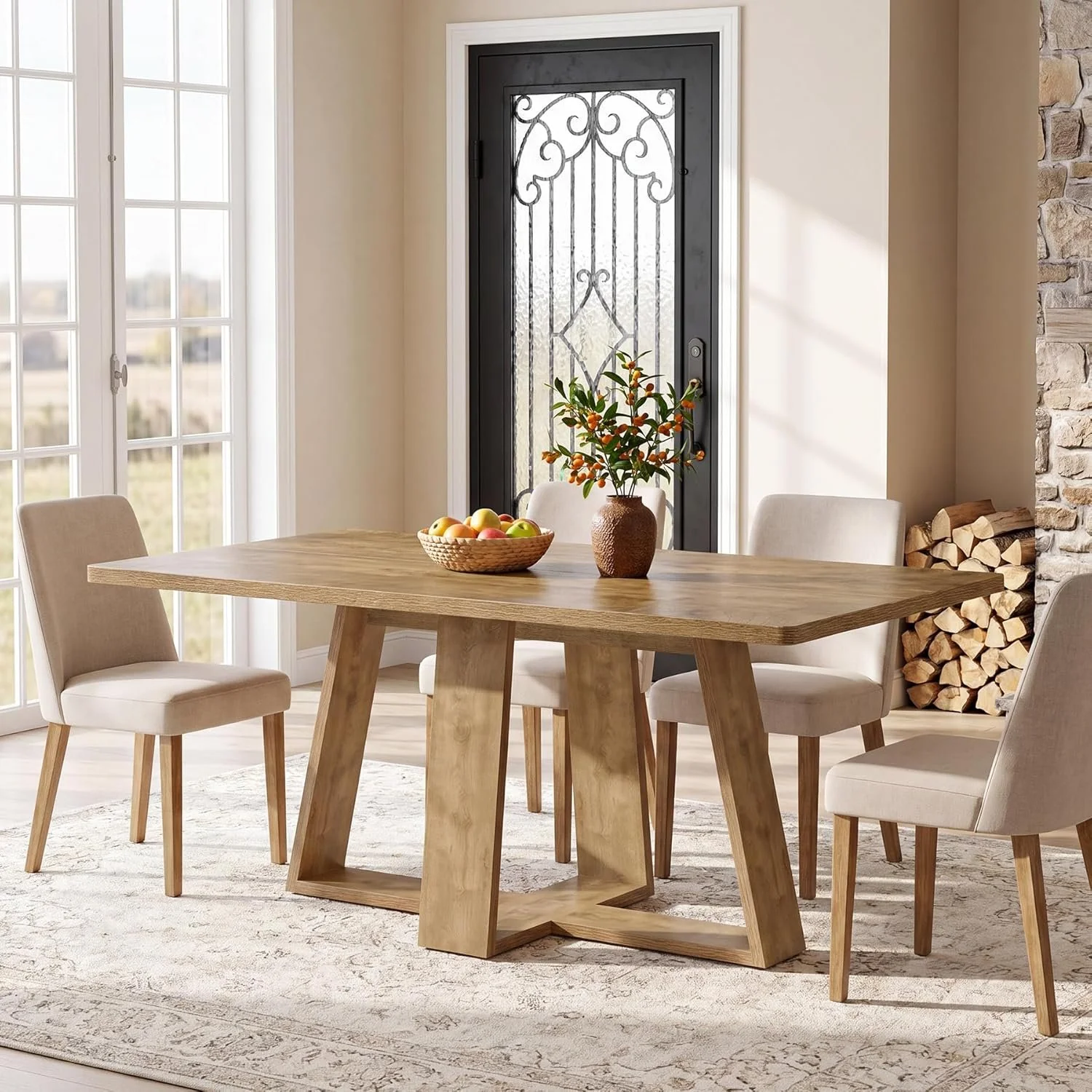 63" Dining Table, Farmhouse Kitchen Table with Wooden Pedestal for Kitchen - Image 6