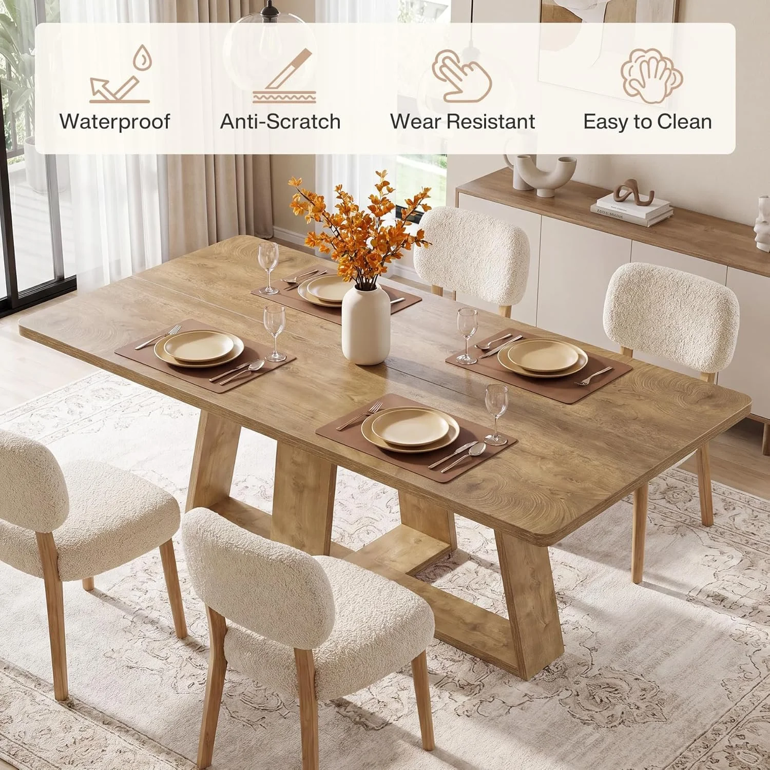 63" Dining Table, Farmhouse Kitchen Table with Wooden Pedestal for Kitchen - Image 7