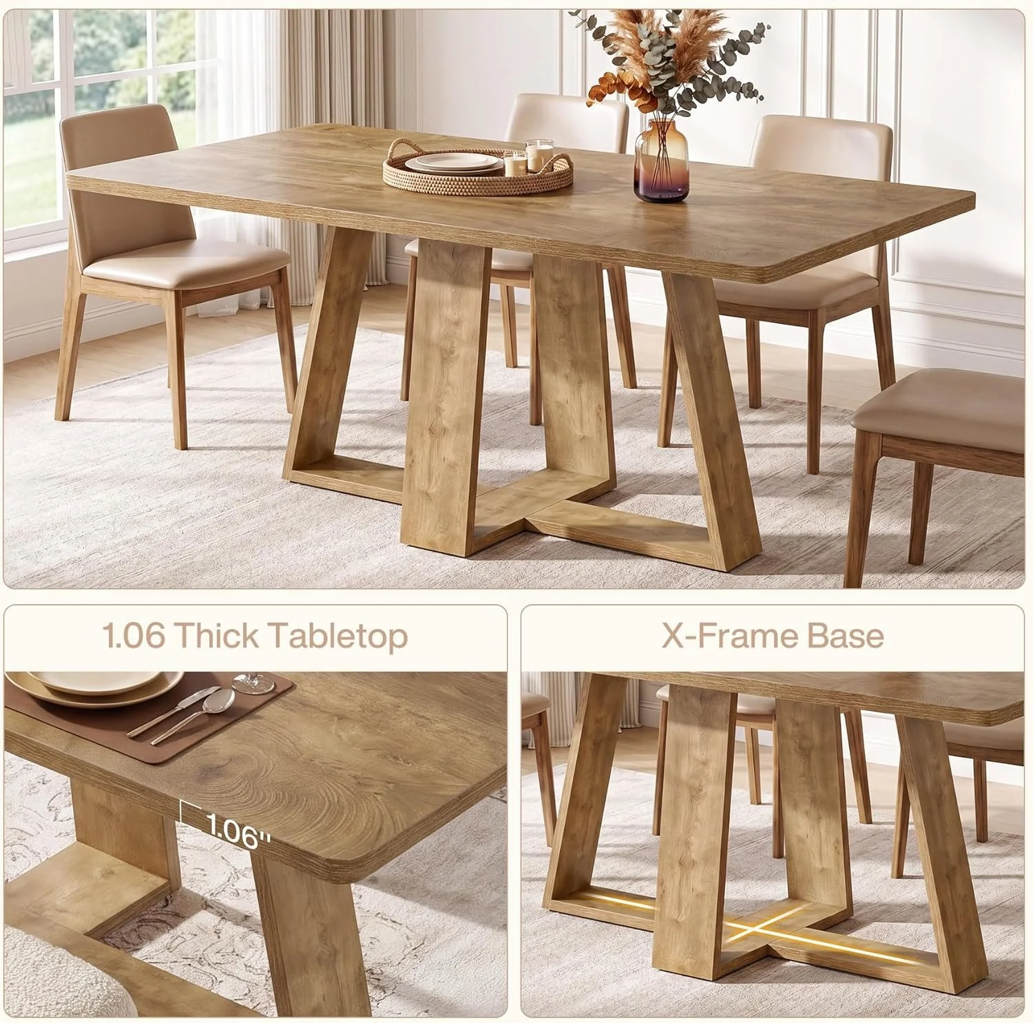 63" Dining Table, Farmhouse Kitchen Table with Wooden Pedestal for Kitchen - Image 8