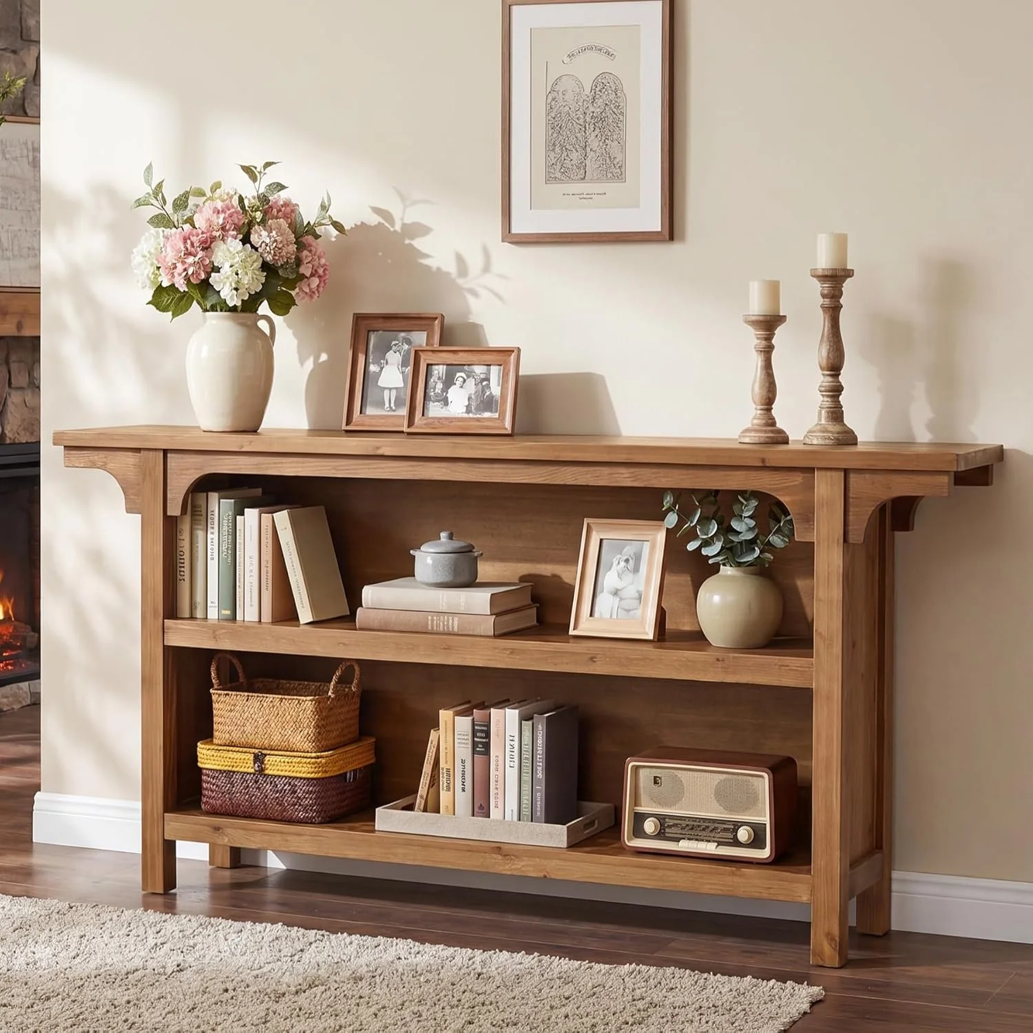 63" Console Table, 3-Tier Narrow Sofa Table with Storage Shelves for Hallway
