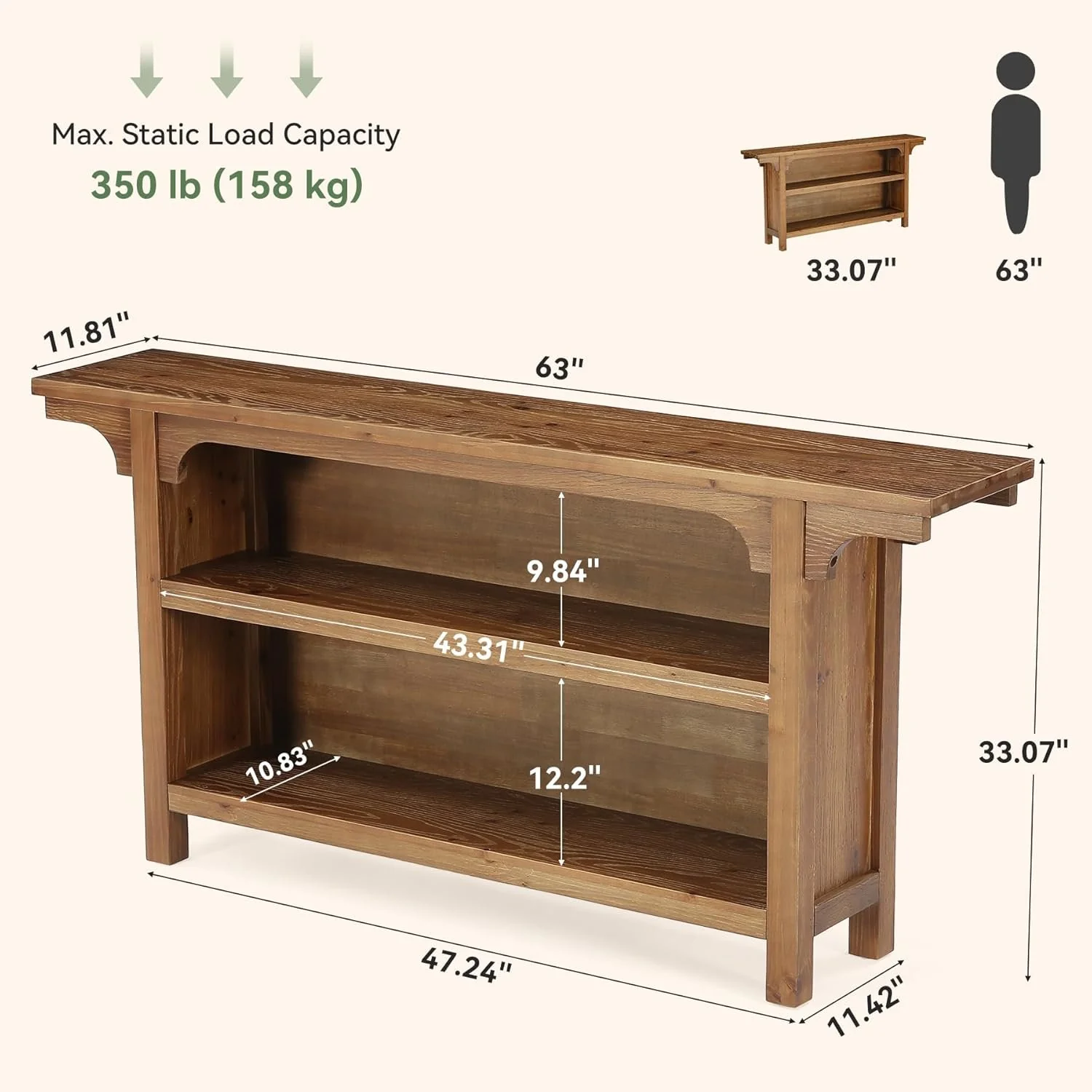 63" Console Table, 3-Tier Narrow Sofa Table with Storage Shelves for Hallway - Image 2