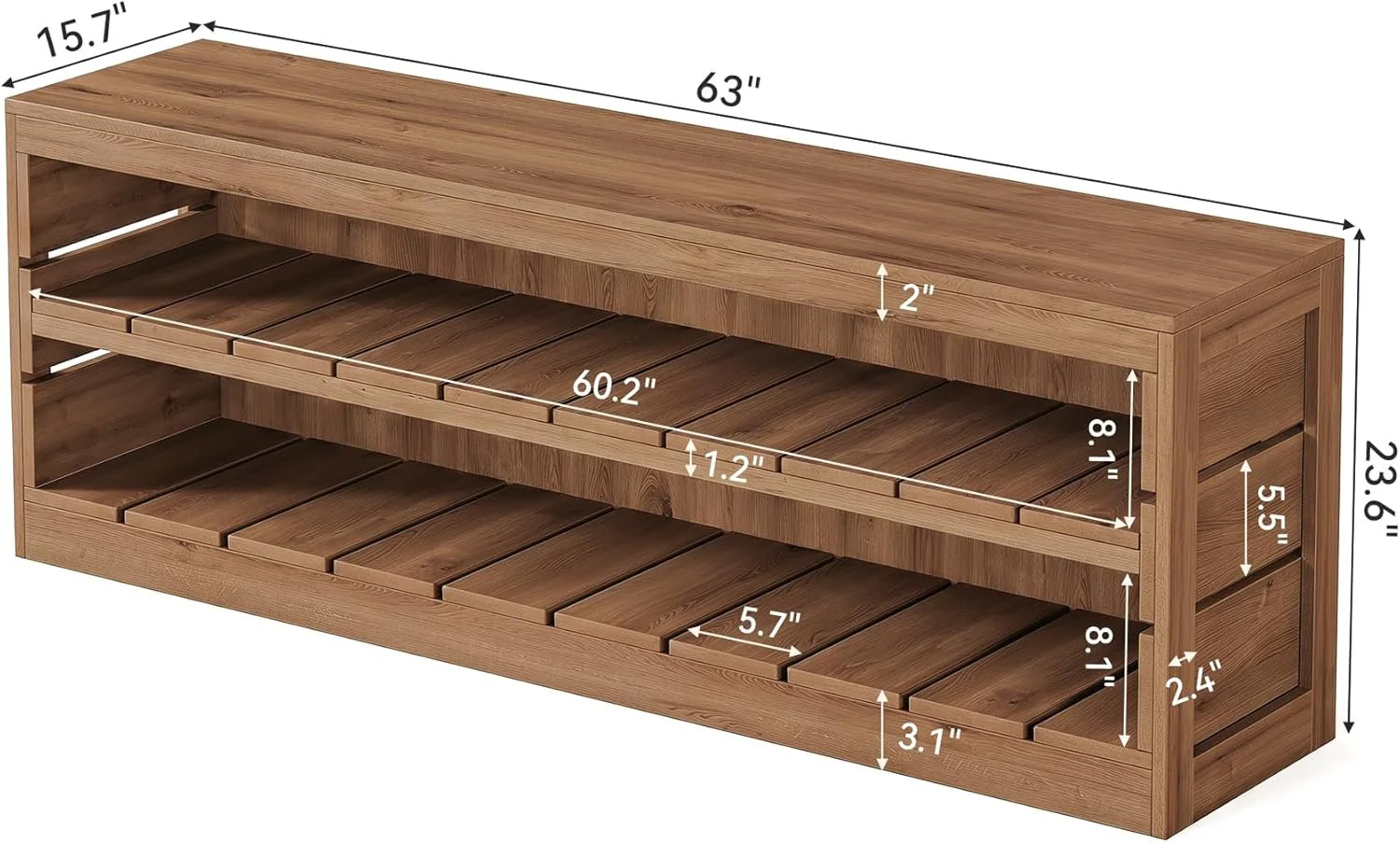 63" Solid Wood TV Stand, Farmhouse 3-Tier Television Stand for 55/60/65/75-Inch TV for Living Room Bedroom - Image 2
