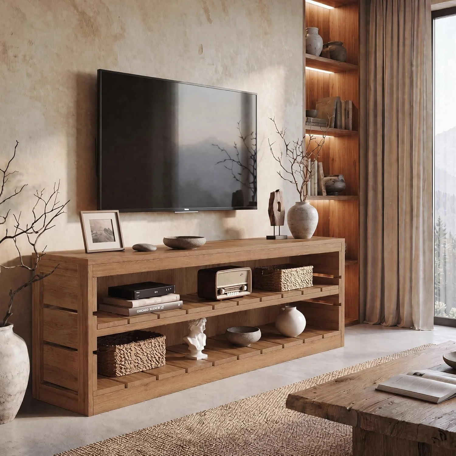 63" Solid Wood TV Stand, Farmhouse 3-Tier Television Stand for 55/60/65/75-Inch TV for Living Room Bedroom - Image 6