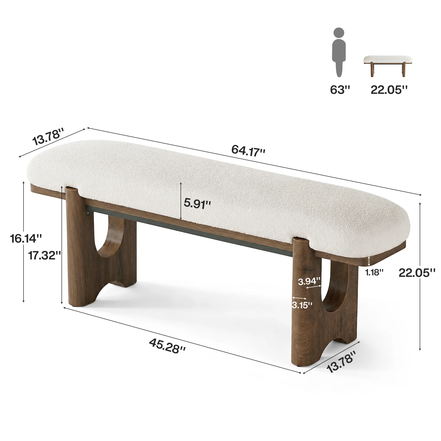 63" Upholstered Entryway Bench with Faux Shearling Cushion, Modern Farmhouse Shoe Bench - Image 2
