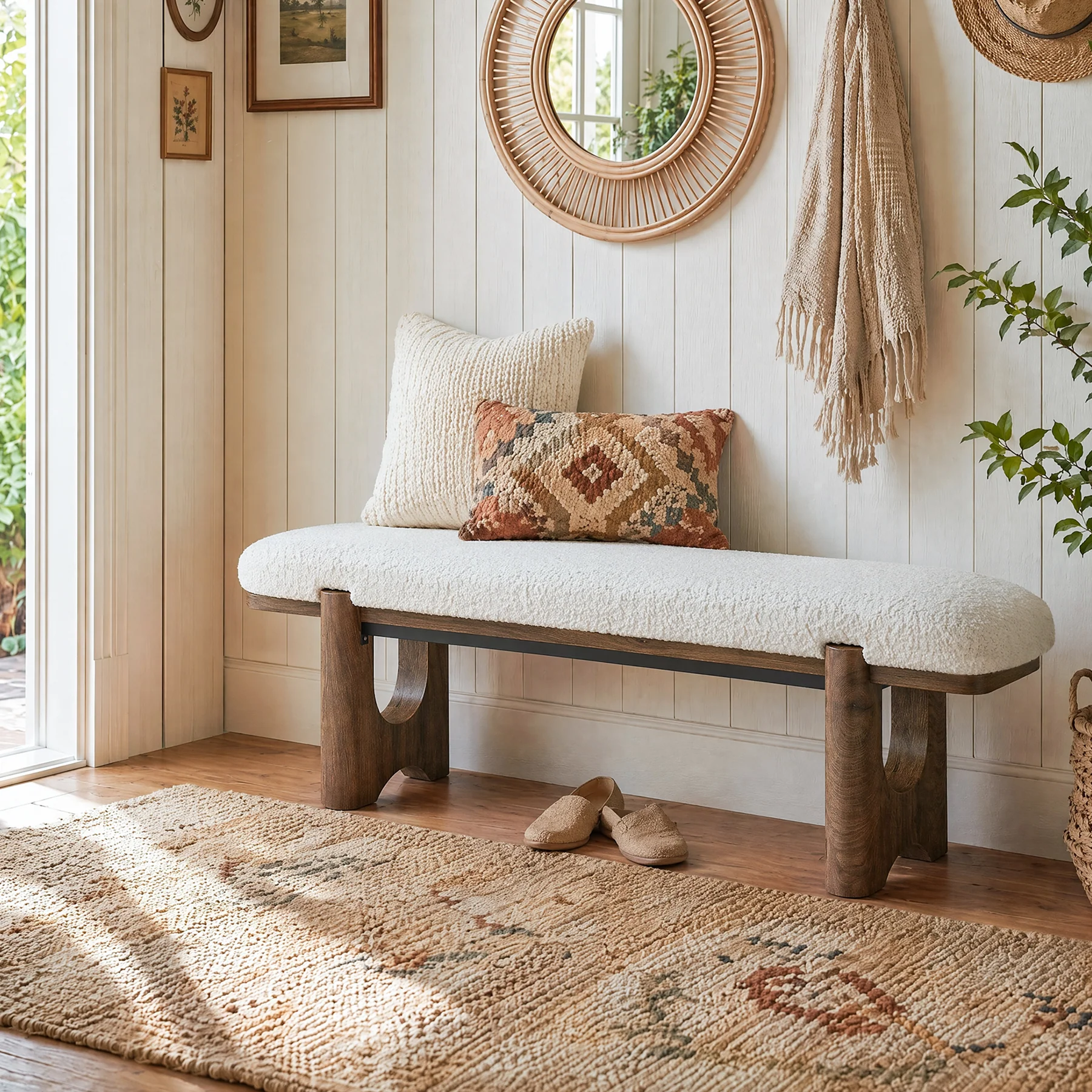 63" Upholstered Entryway Bench with Faux Shearling Cushion, Modern Farmhouse Shoe Bench - Image 3
