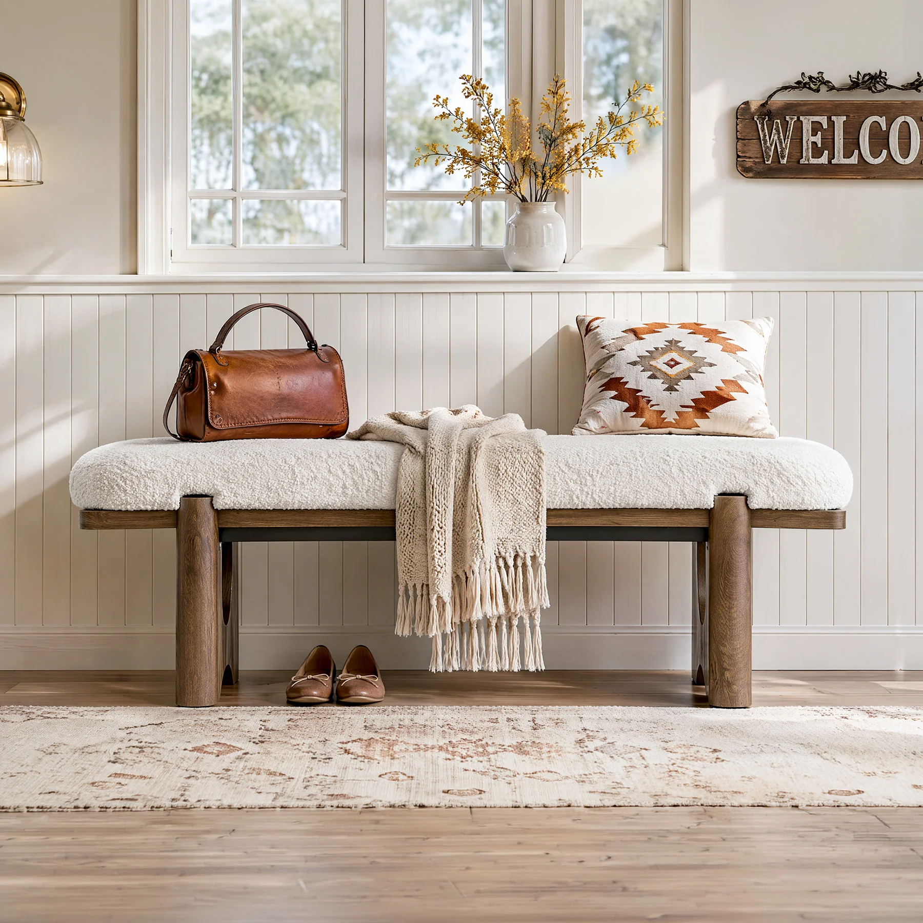 63" Upholstered Entryway Bench with Faux Shearling Cushion, Modern Farmhouse Shoe Bench - Image 4