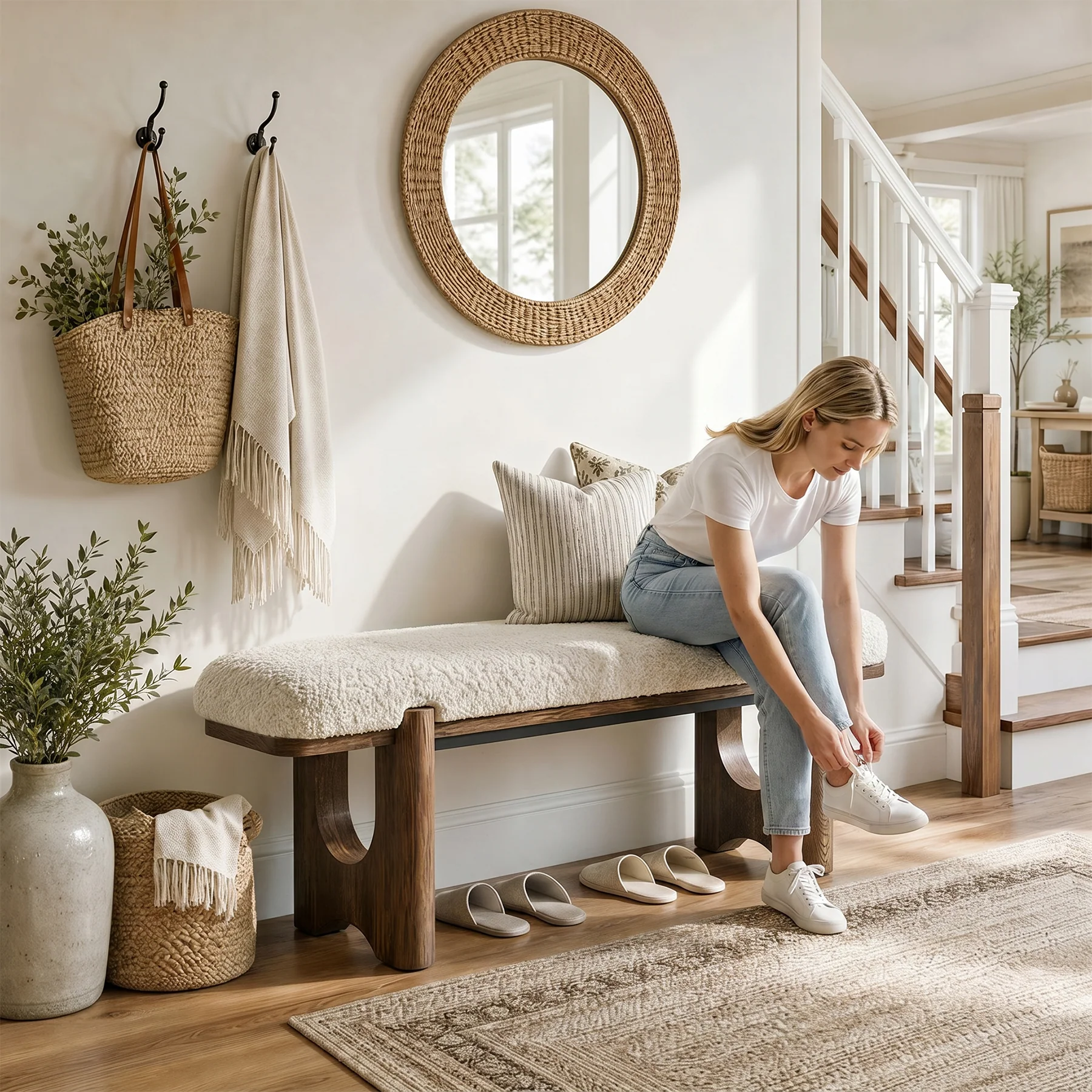63" Upholstered Entryway Bench with Faux Shearling Cushion, Modern Farmhouse Shoe Bench - Image 5