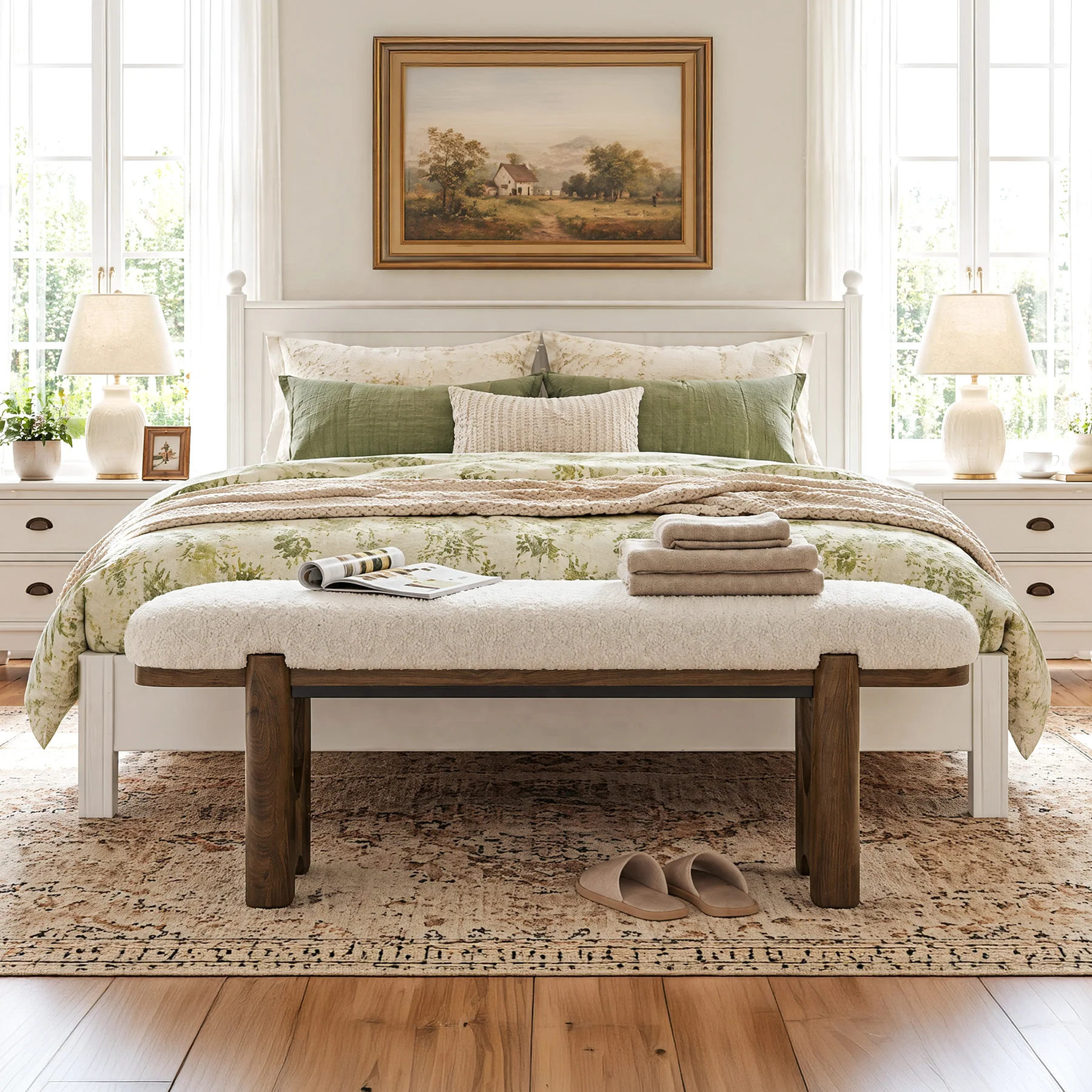63" Upholstered Entryway Bench with Faux Shearling Cushion, Modern Farmhouse Shoe Bench - Image 6