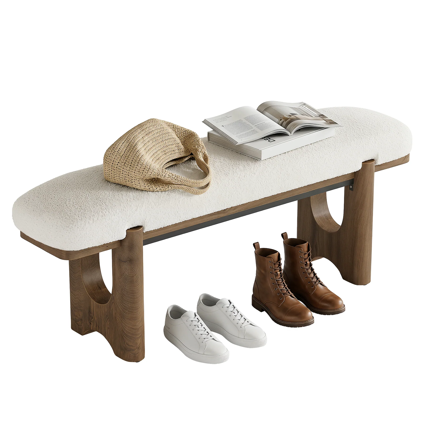 63" Upholstered Entryway Bench with Faux Shearling Cushion, Modern Farmhouse Shoe Bench - Image 7