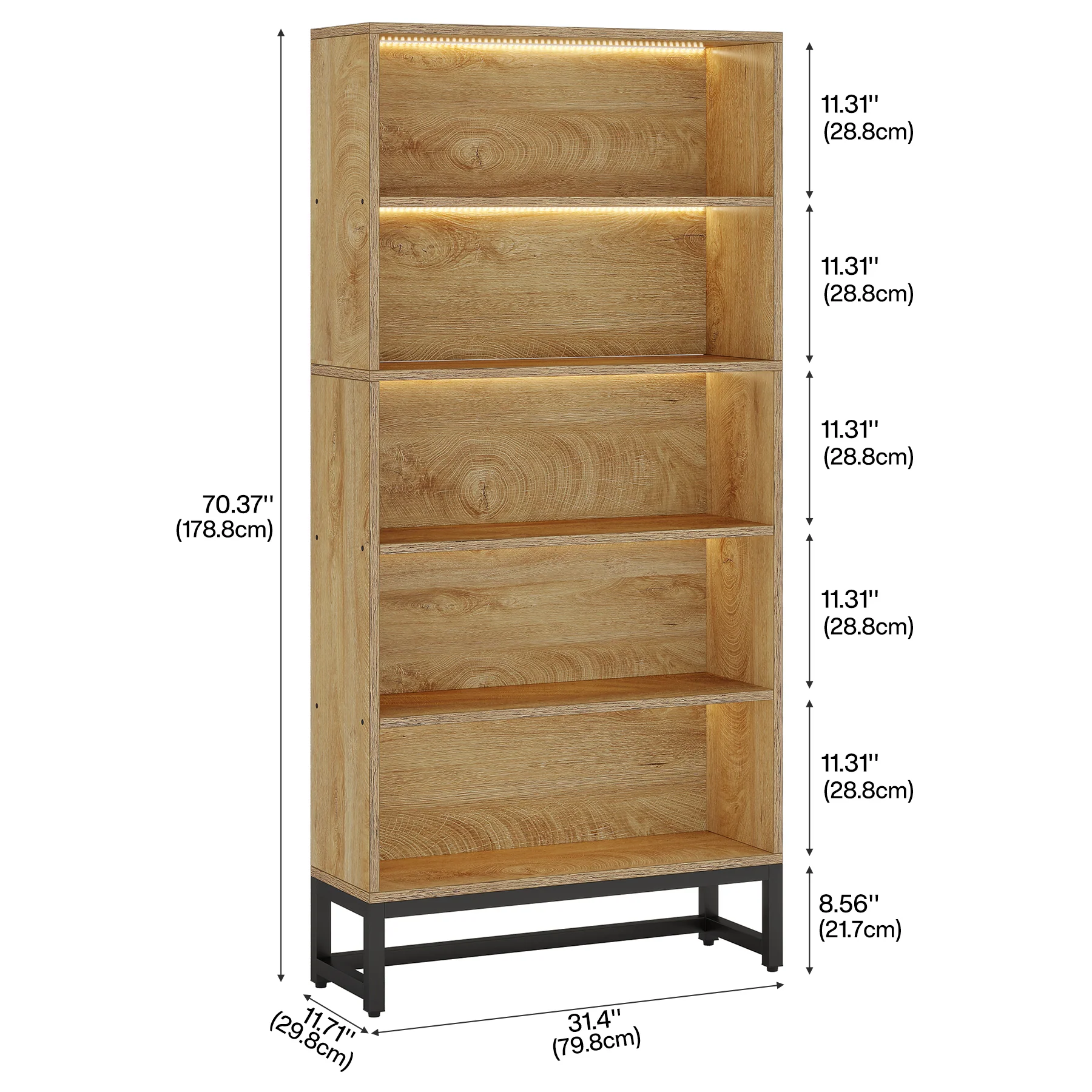 70.4" 5-Tier Freestanding Bookshelf with LED Lights, Heavy-Duty Bookcase Display Organizer - Image 2