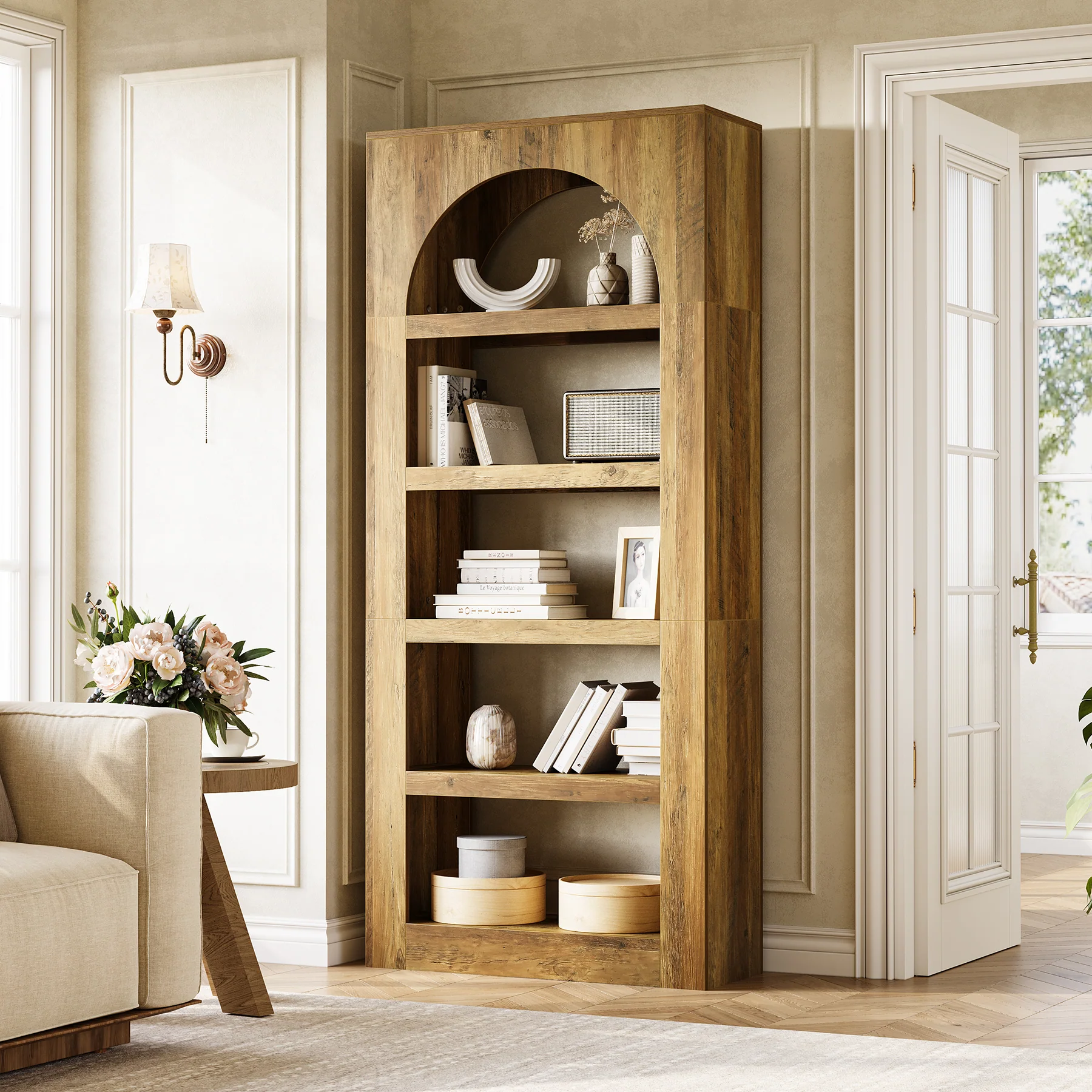 70.8" Arched 5-Tier Bookshelf, Modern Wooden Bookcase with Open Storage for Living Room, Bedroom & Office