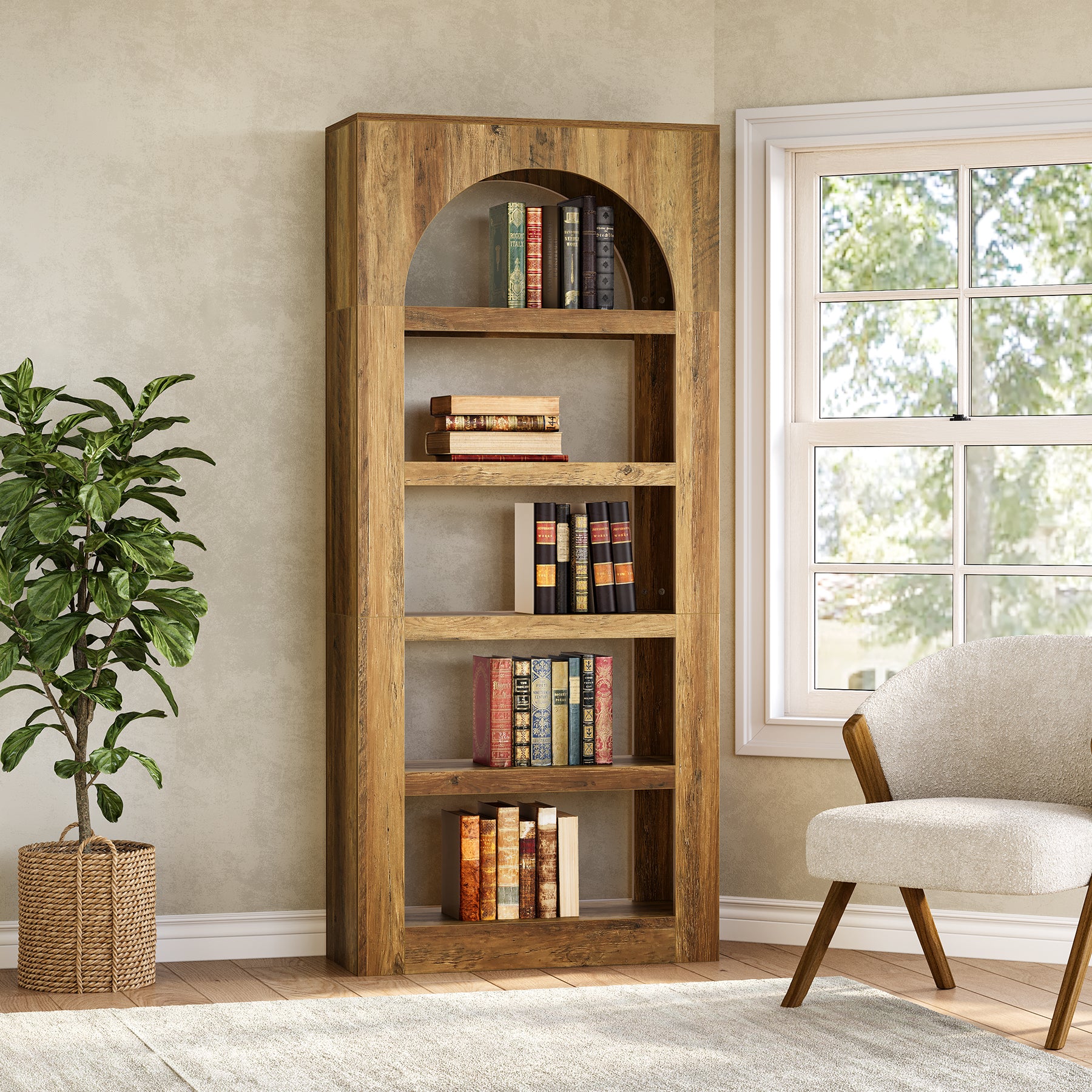 70.8" Arched 5-Tier Bookshelf, Modern Wooden Bookcase with Open Storage for Living Room, Bedroom & Office - Image 3