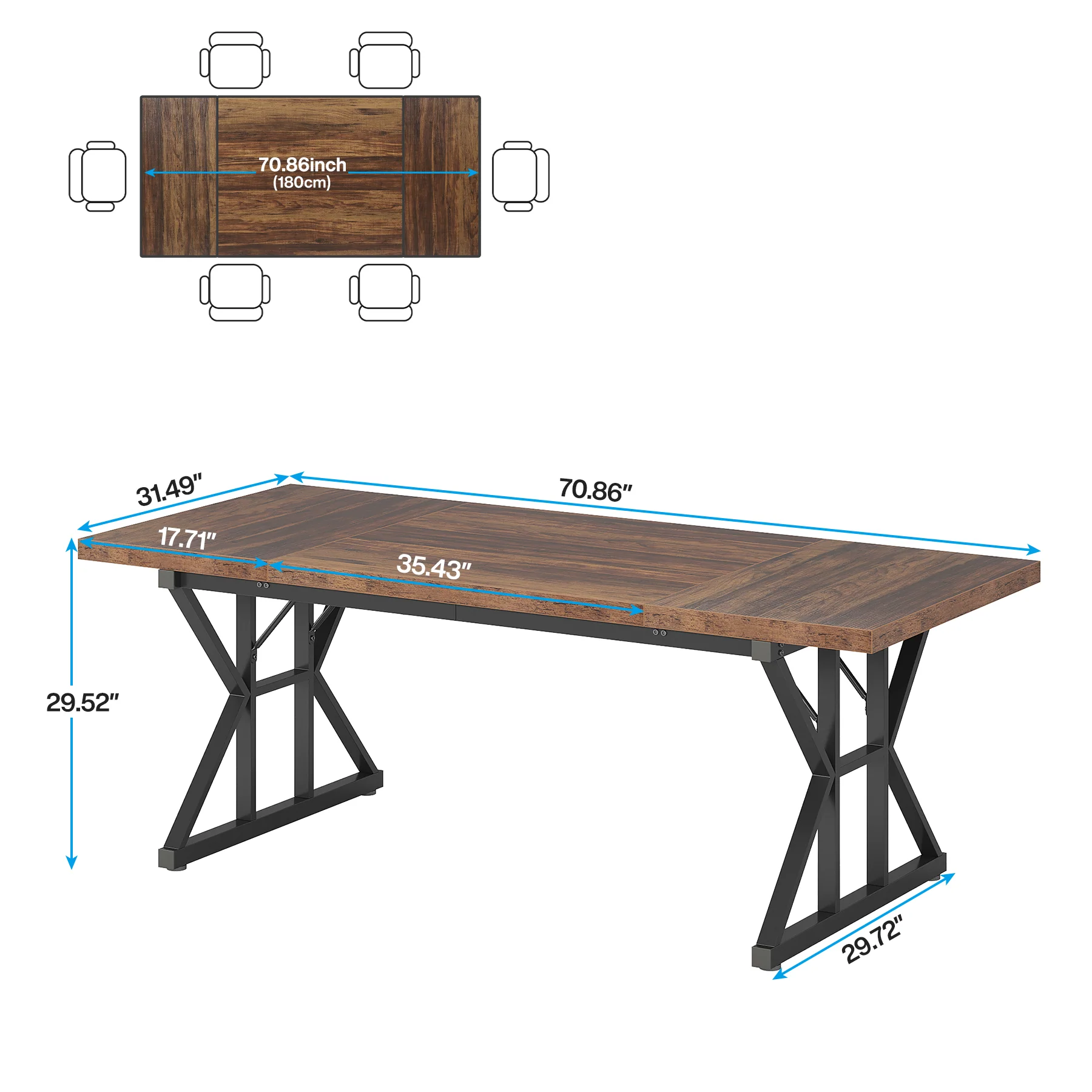 70.8" Farmhouse Dining Table for 6, Rectangular Wood Kitchen Table with Metal Legs - Image 2